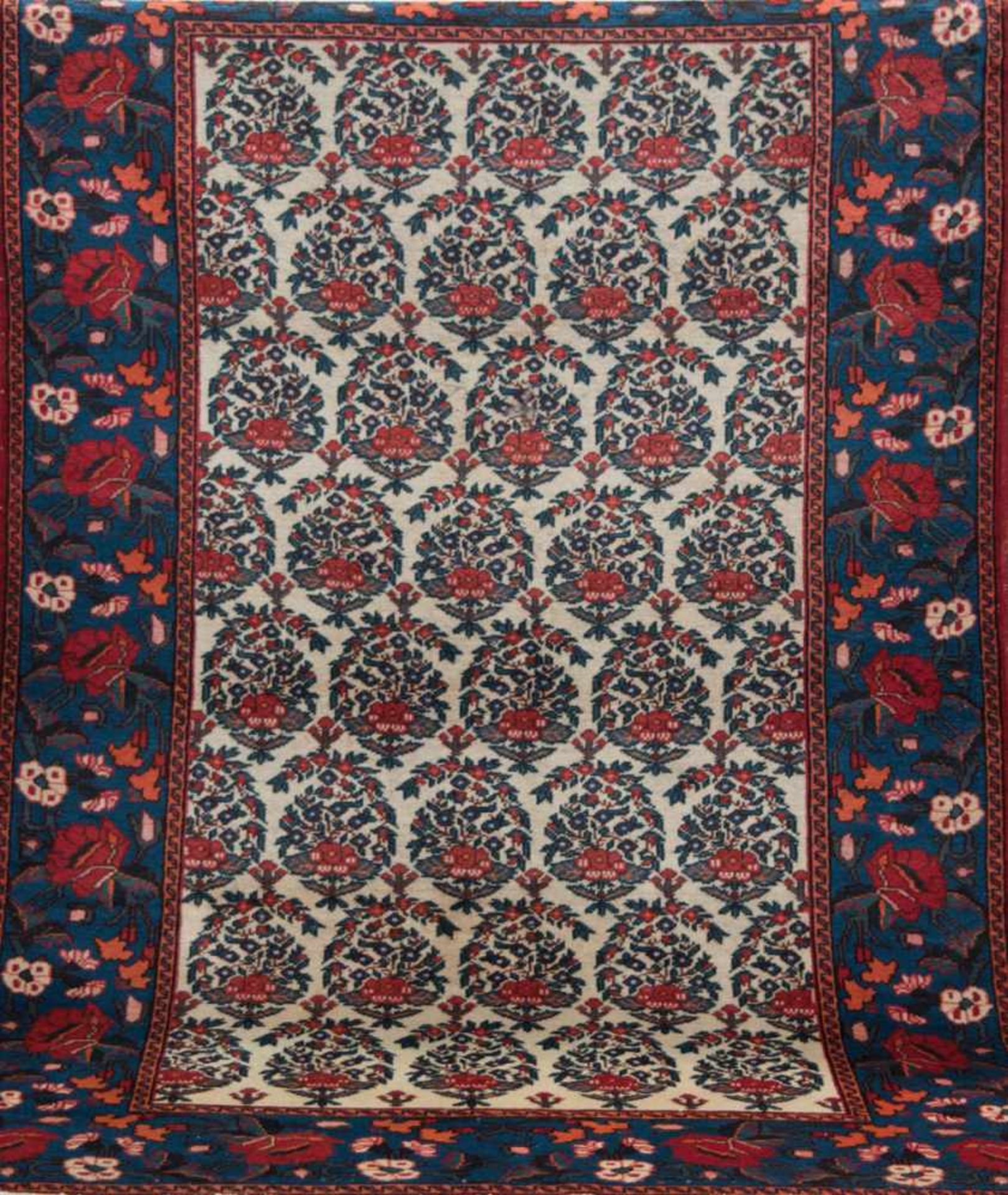Persischer Hamadan, rot/blaugrundig, mit durchgehendem Muster, floralen Motiven, Kantenbelaufen,