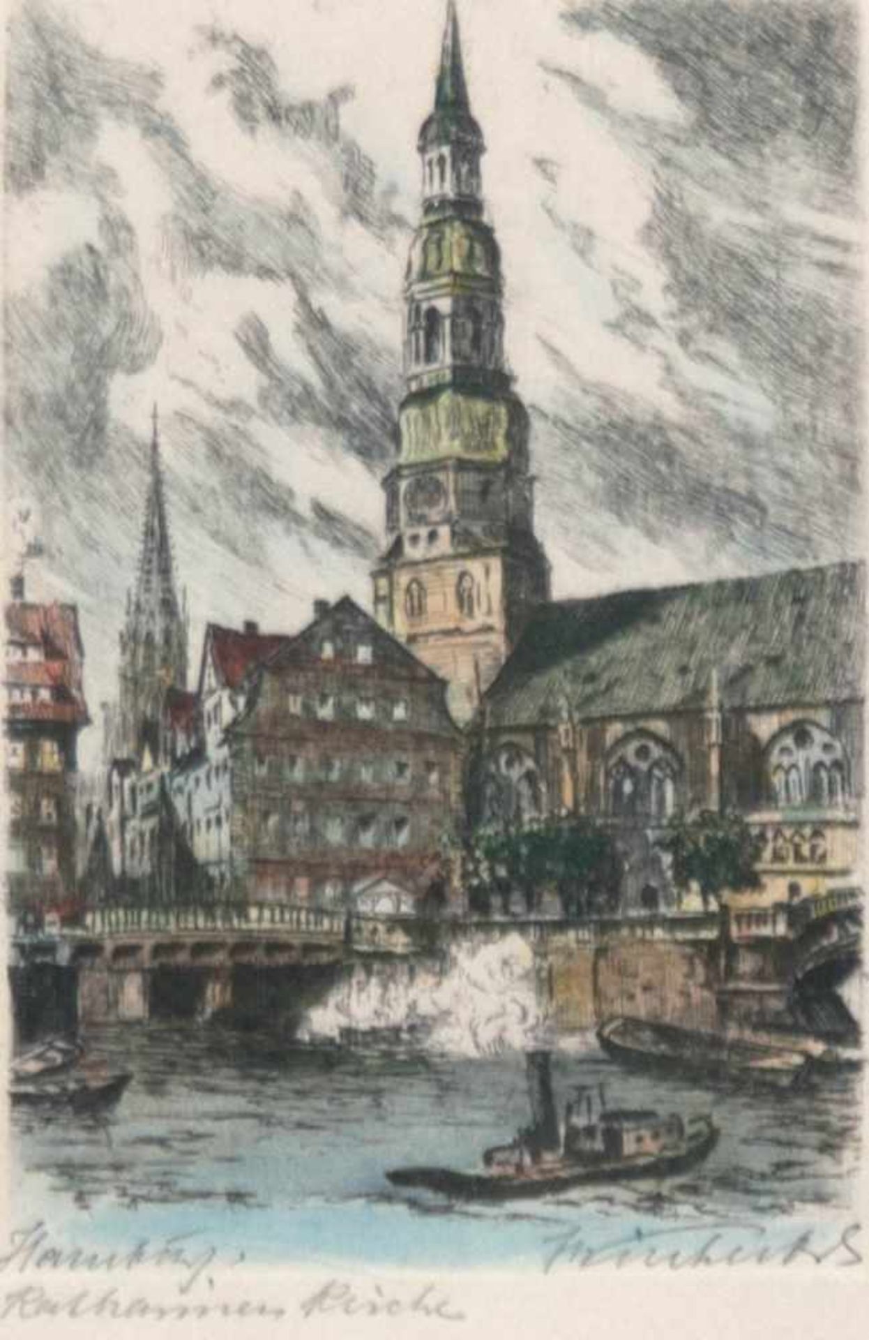 "Hamburg - Katharinenkirche", Farbradierung, undeutl. handsign. und bez., 12x7,5 cm,hinter Glas im