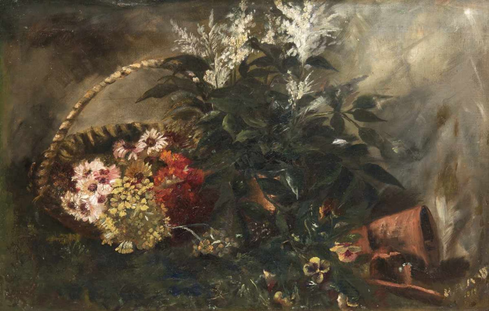 Maler Anfang des 19. Jh. "Stilleben mit Blumenkorb", Öl/Lw., unleserl. signiert unddatiert 1819 u.