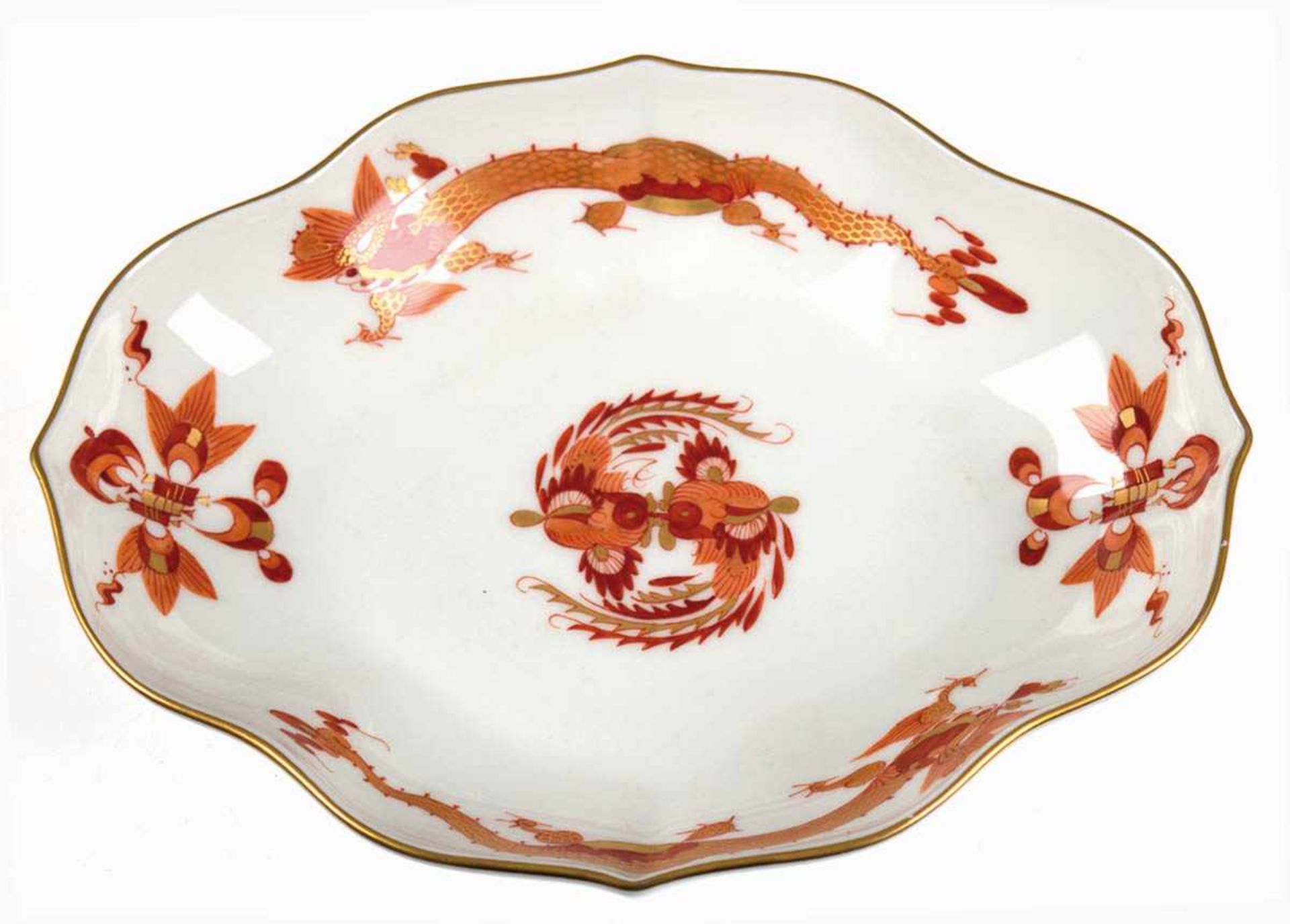 Meissen-Schale, Korallenroter Hofdrache mit Goldrand, Vierpaßform, 1. Wahl, 19x15 cm- - -23.80 %