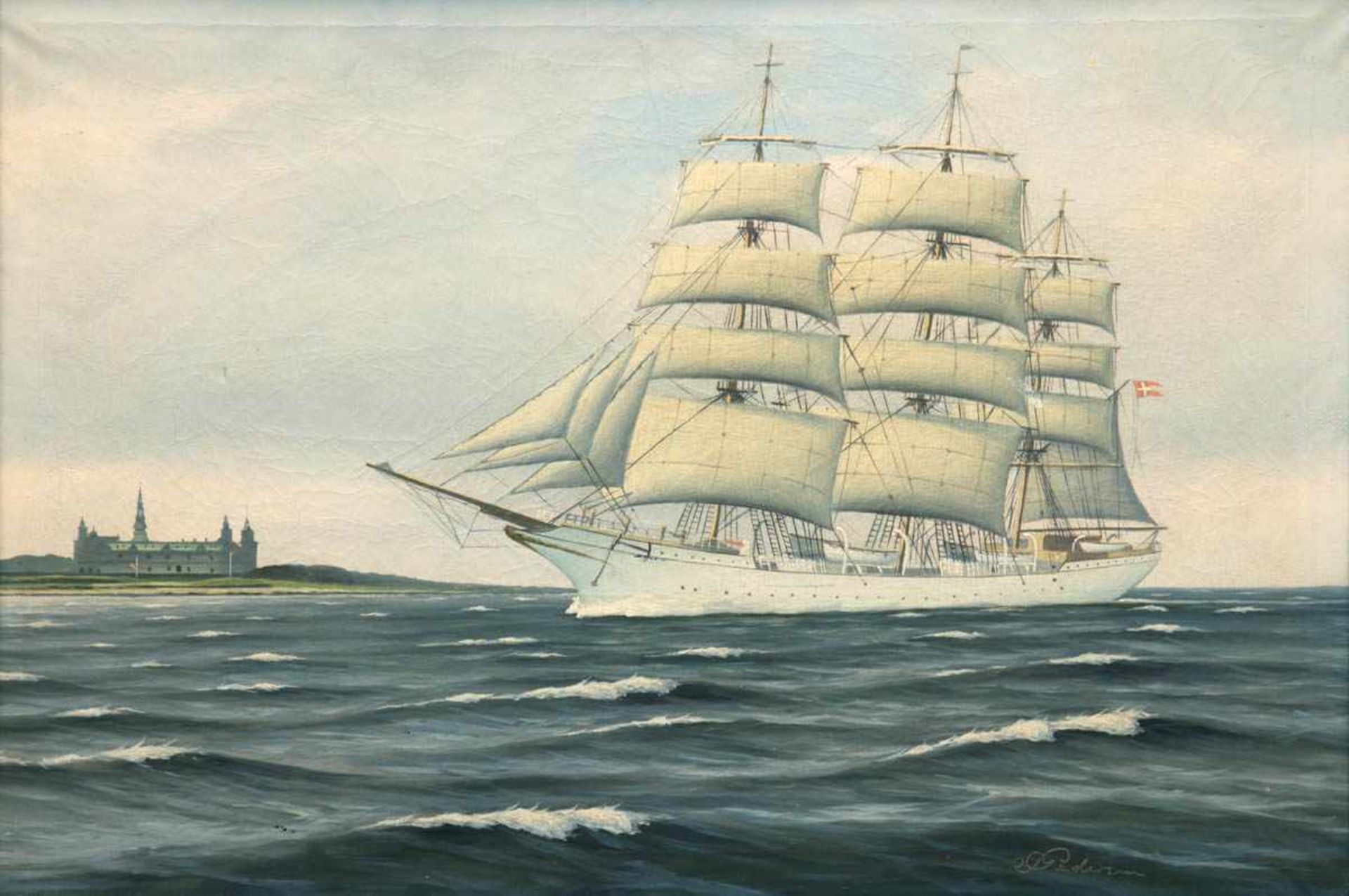 Pedersen (Marinemaler um 1900) "Segelschiff vor Küste mit Schloß Kronborg", Öl/Lw., sign.u.r., 45x65