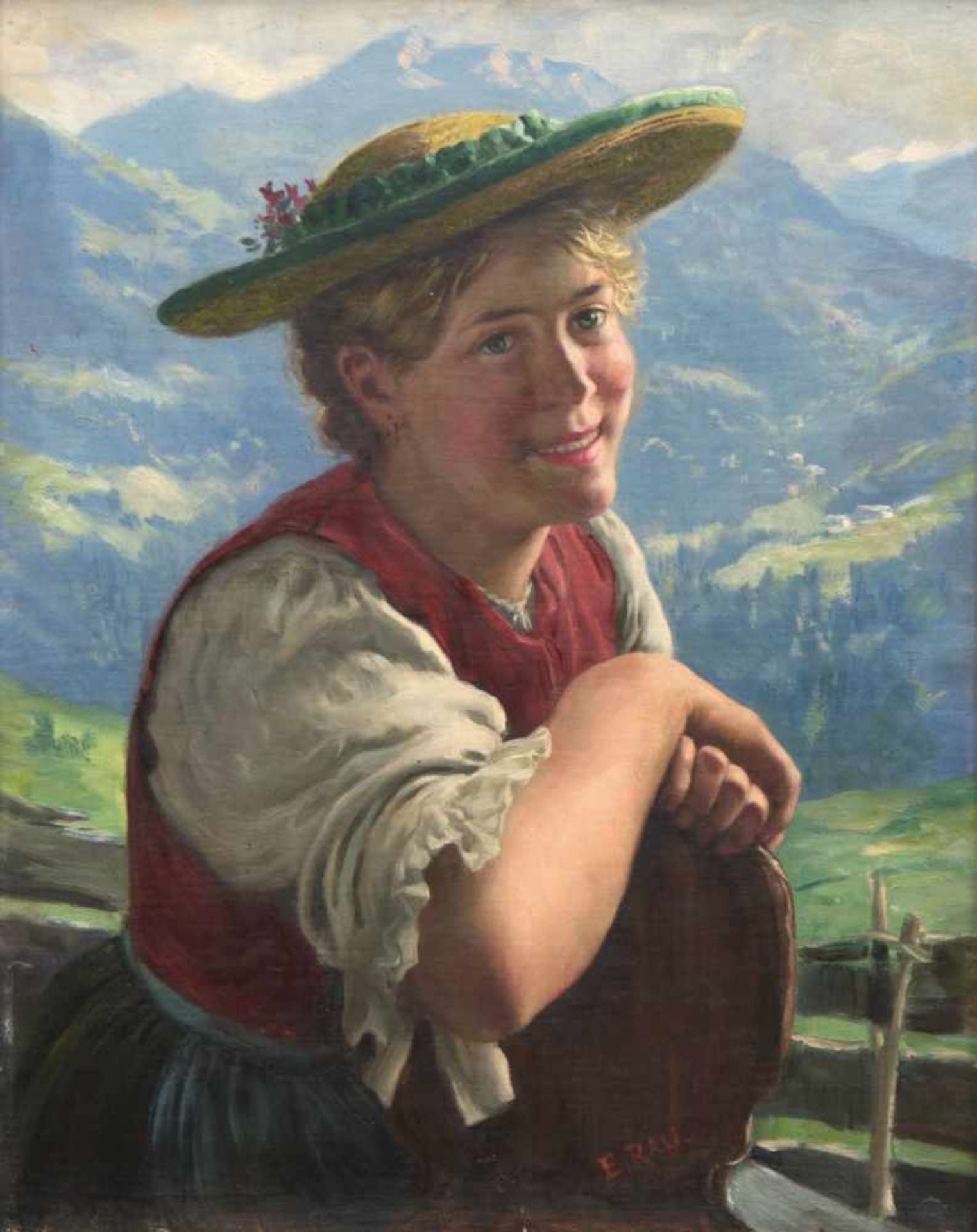 Rau, Emil (1858-1937) "Junges Mädchen in Tracht vor Gebirgslandschaft sitzend", Öl/Lw.,signiert u.