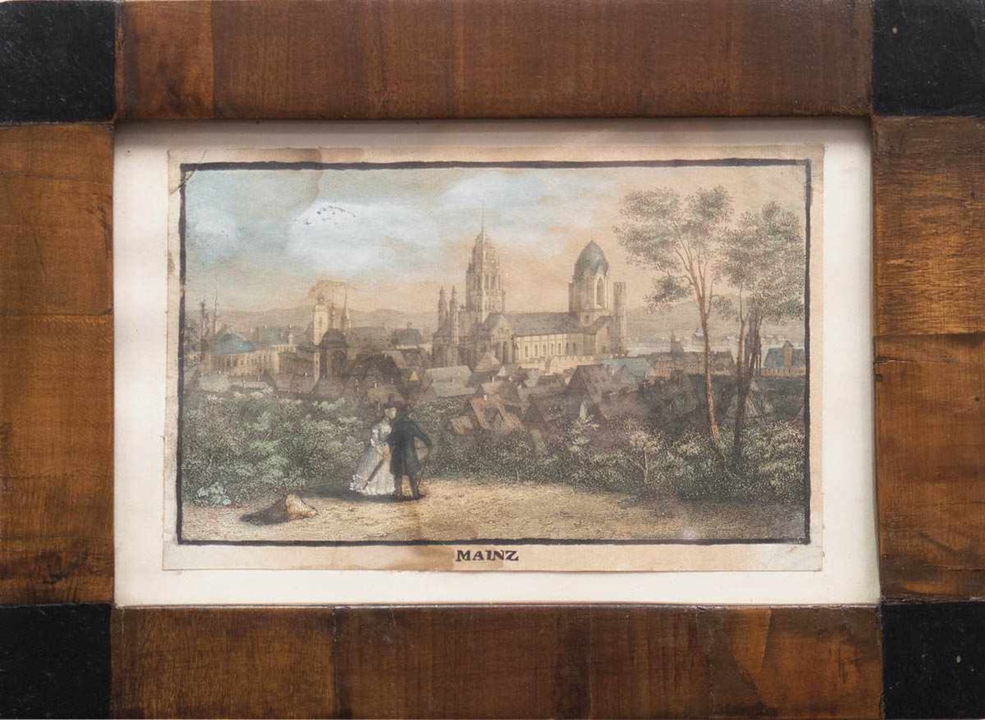 "Landschaft mit Mainzer Stadtansicht", kolor. Stich, 19. Jh., 9x15 cm, fleckig, hinterGlas im