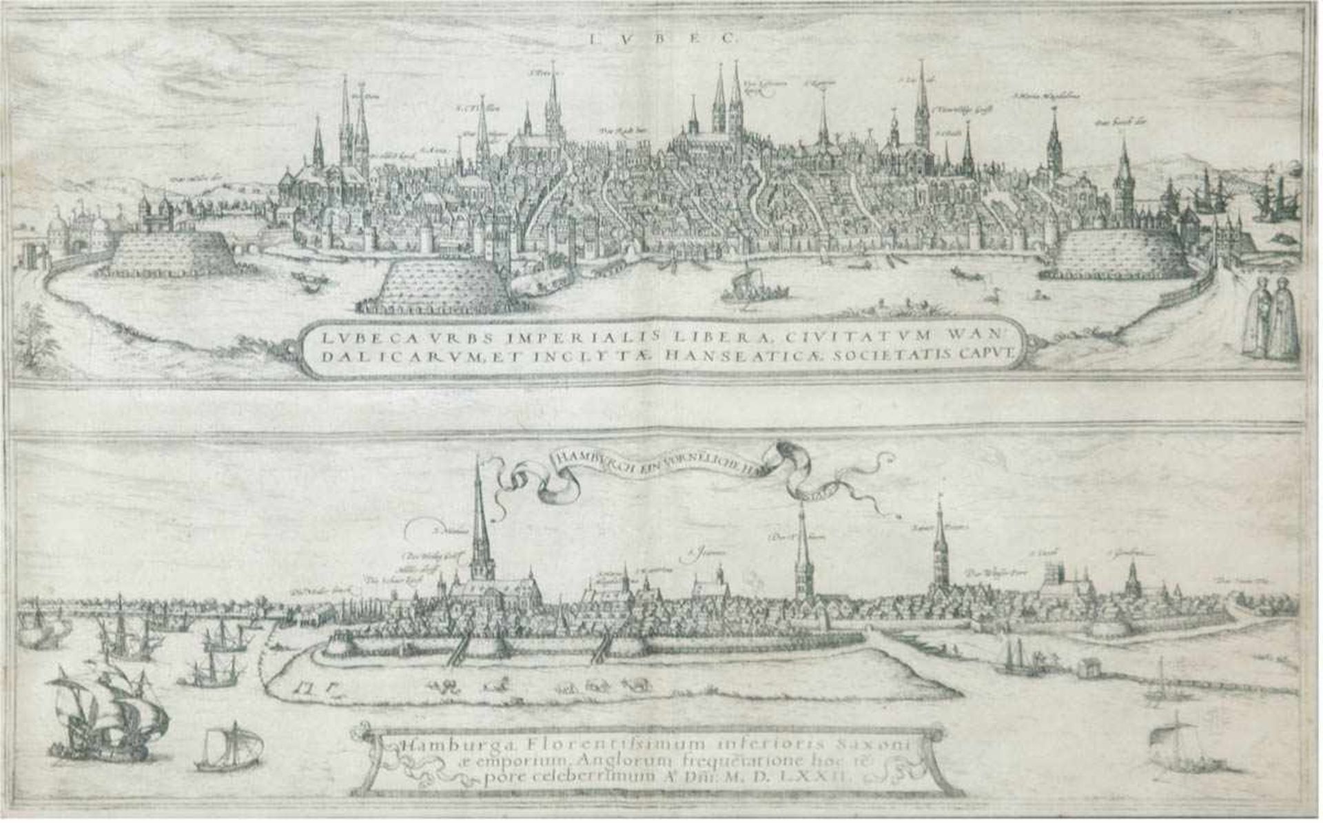 Karte "Lübeck- Hamburg" mit Legende, Kupferstich von Braun-Hogenberg aus "Civitates OrbisTerrarum"