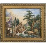 Porzellanbild, Böhmen 19. Jh., "Idyllische Berglandschaft mit Dorf an einem Fluß, umgebenvon