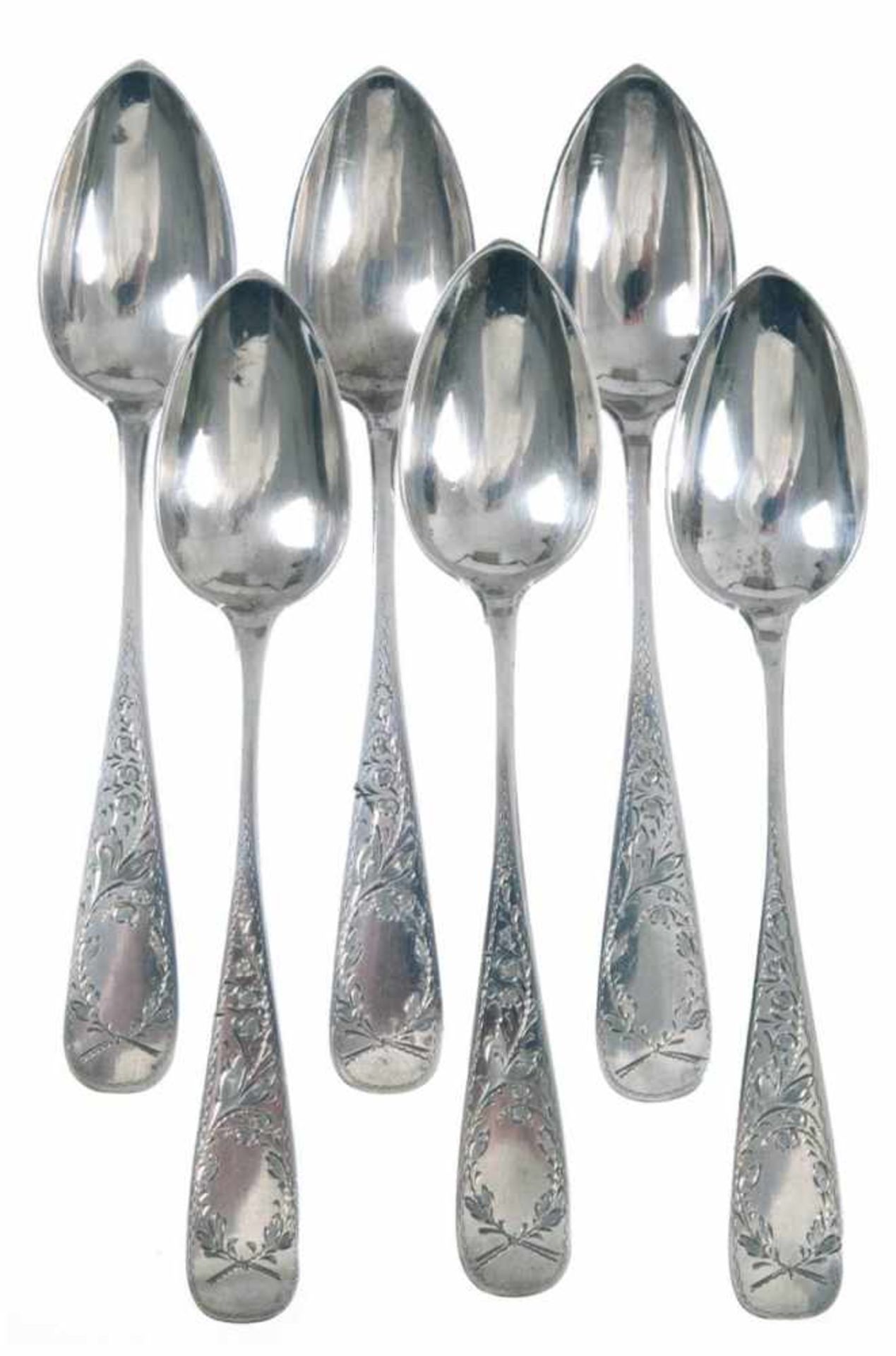 6 Teelöffel, um 1900, 800er Silber, punziert, ca. 83 g, floral ziselierter Griff, rücks.