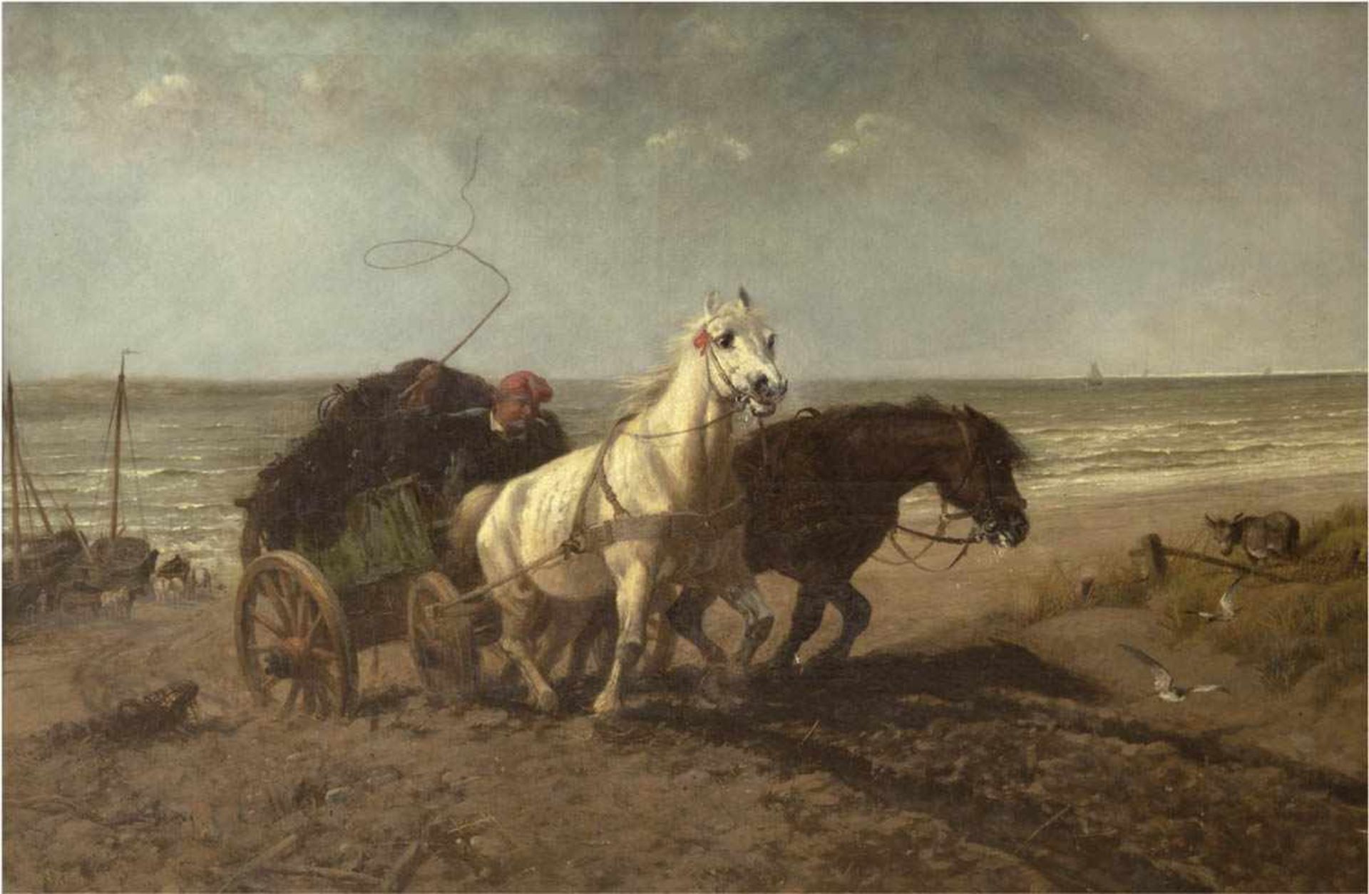 Beavis, Richard (1824-1896) "Pferdegespann am Strand von Scheveningen", Öl/Lw., signiertund