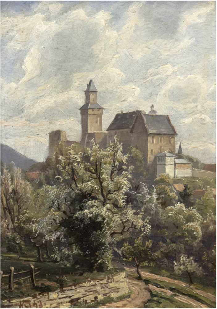 Gattinger, Wilhelm (1861-1927) "Burg mit Waldansicht", Öl/Lw., monogr. "WG" und dat.'92,21x18 cm,