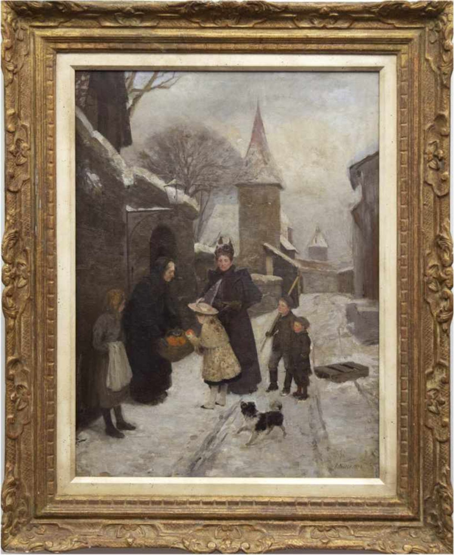 Nöbbe, Jacob (1850 Flensburg-1919 ebenda) "Winterliche Straßenszene mit Kindern", Öl/Lw.,sign. u.