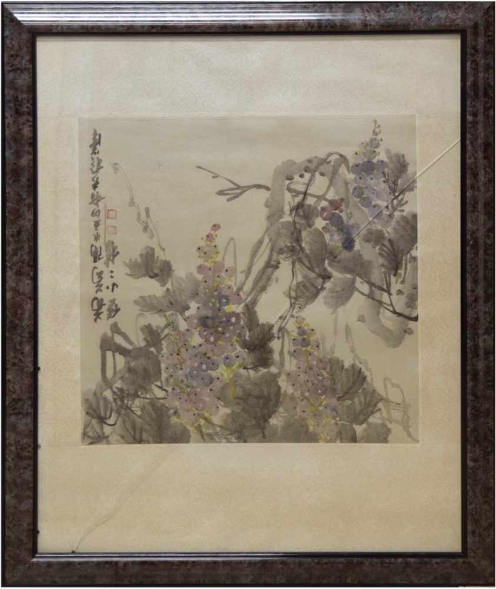 "Floral ", Chinesisches Aquarell, Iinks Schriftzeichen und Blockstempel, 46x46 cm, hinterGlas (