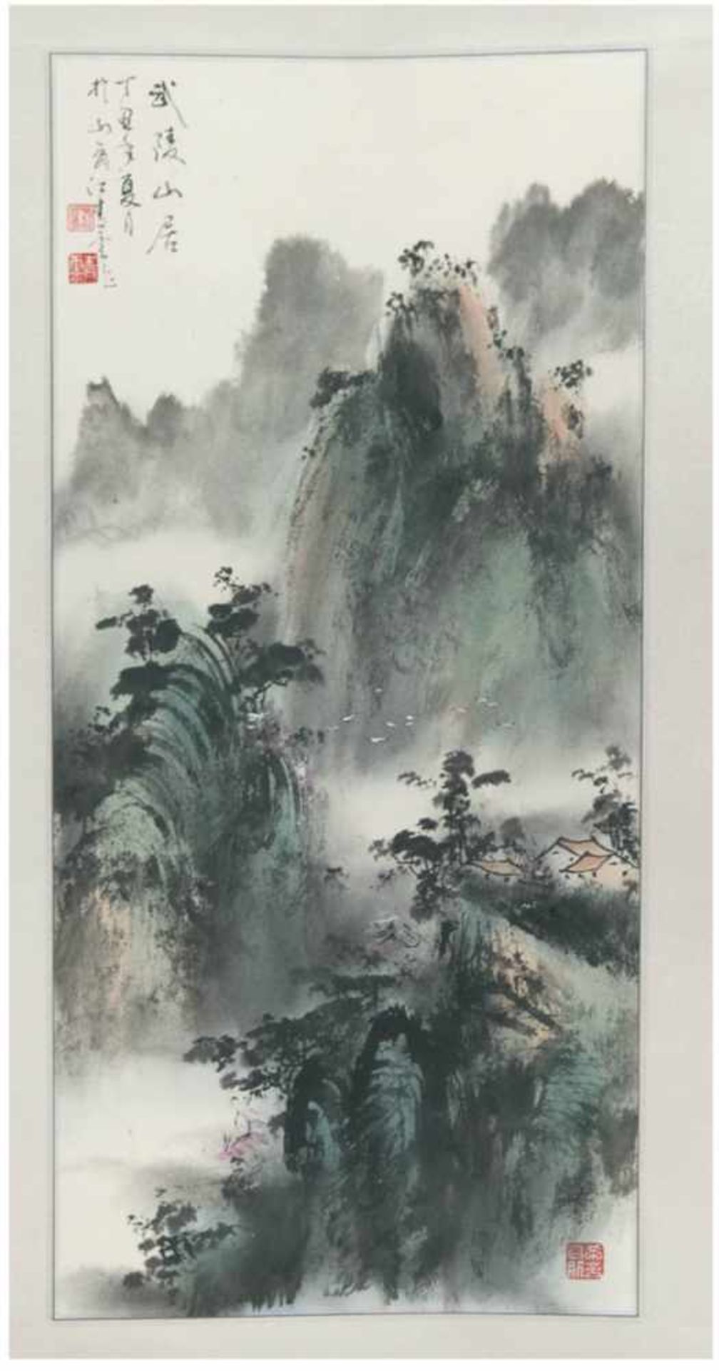 Chinesisches Rollbild , 20. Jh. "Häuser in bewaldeter Berglandschaft", Aquarell,Schriftzeichen und 2