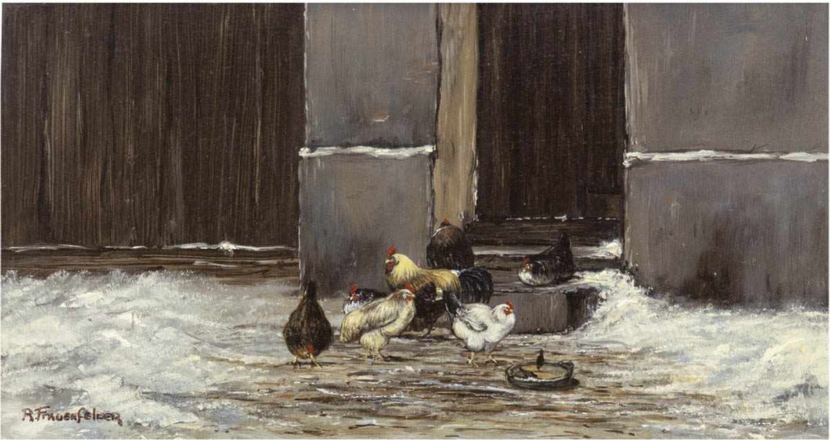 Frauenfelder, R. (20. Jh.) "Hühner auf schneebedecktem Bauernhof", Öl/H., sign. u.l.,13x24 cm,