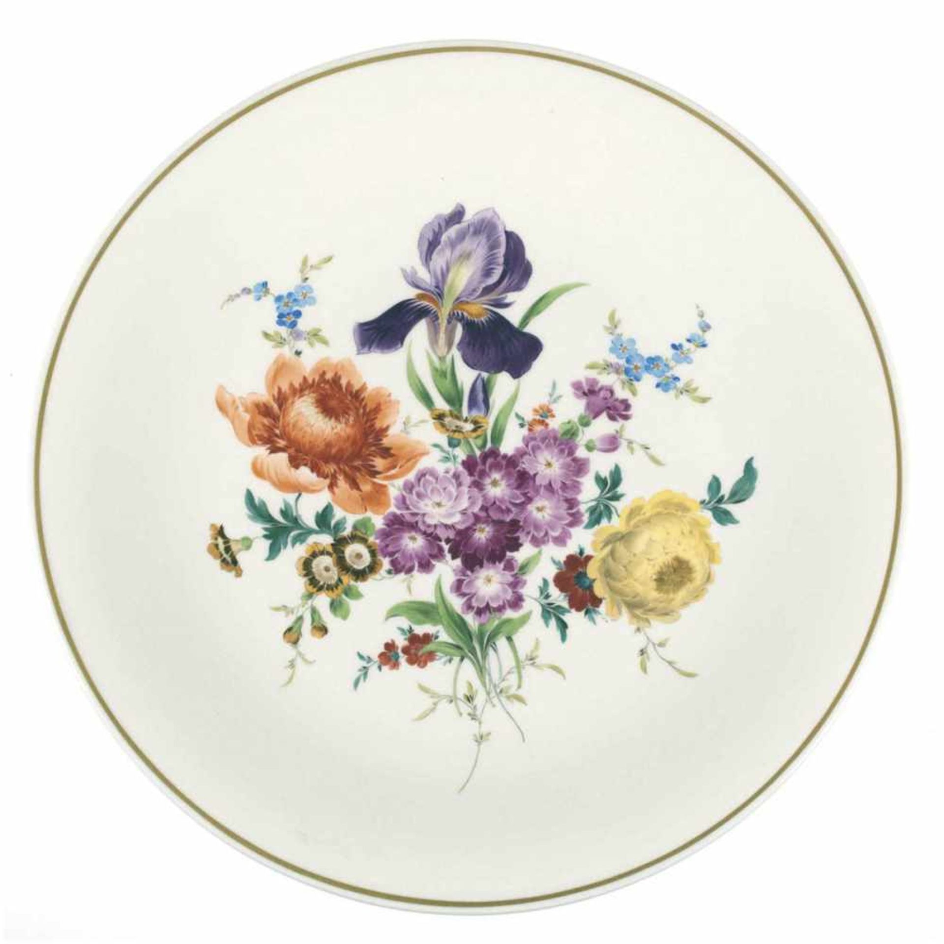 Meissen-Platte, Buntes Blumenbukett, Goldrand, 1. Wahl, Dm. 36 cm- - -23.80 % buyer's premium on the