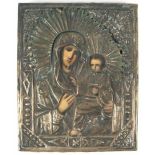 Ikone "Mutter Gottes mit Jesuskind", 19. Jh., Öl/Holz mit reliefiertem Messingoklad, 18x14cm- - -
