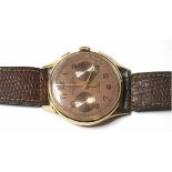 Herren-Armbanduhr "Carrol", Suisse, Chronograph um 1950, 750er GG, 17 Rubis, Anitmagnetic,braunes