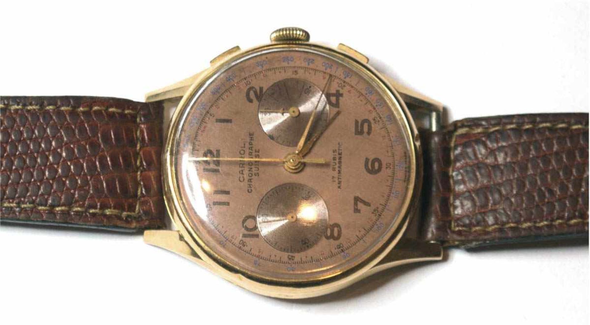 Herren-Armbanduhr "Carrol", Suisse, Chronograph um 1950, 750er GG, 17 Rubis, Anitmagnetic,braunes