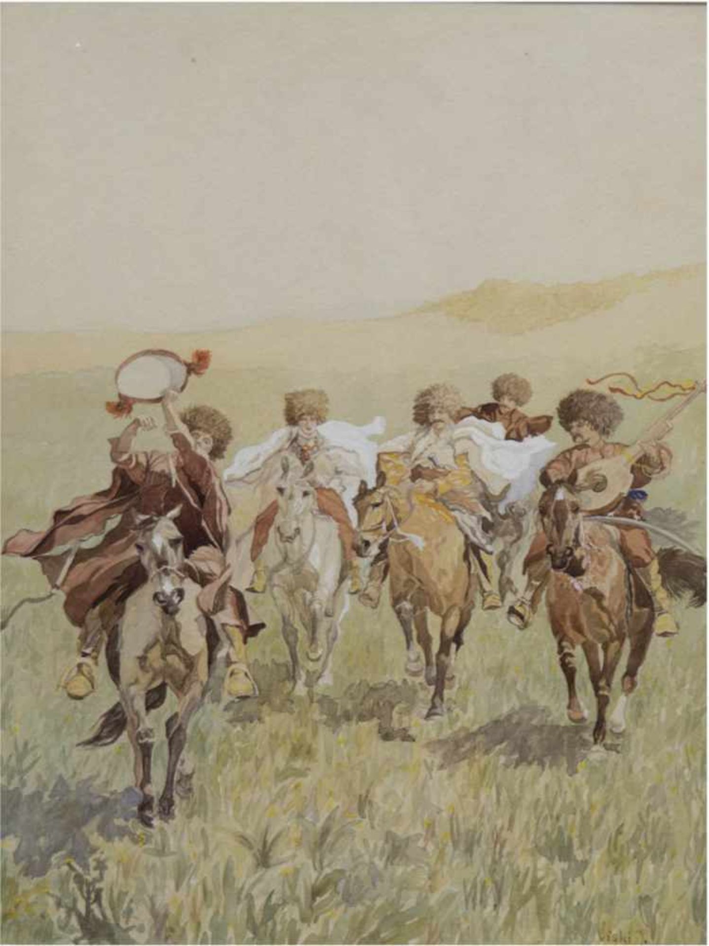 Viski, János (1891-1987) "Feiernde Kosaken zu Pferde", Aquarell, sign. u.r., 39x29 cm,hinter Glas im