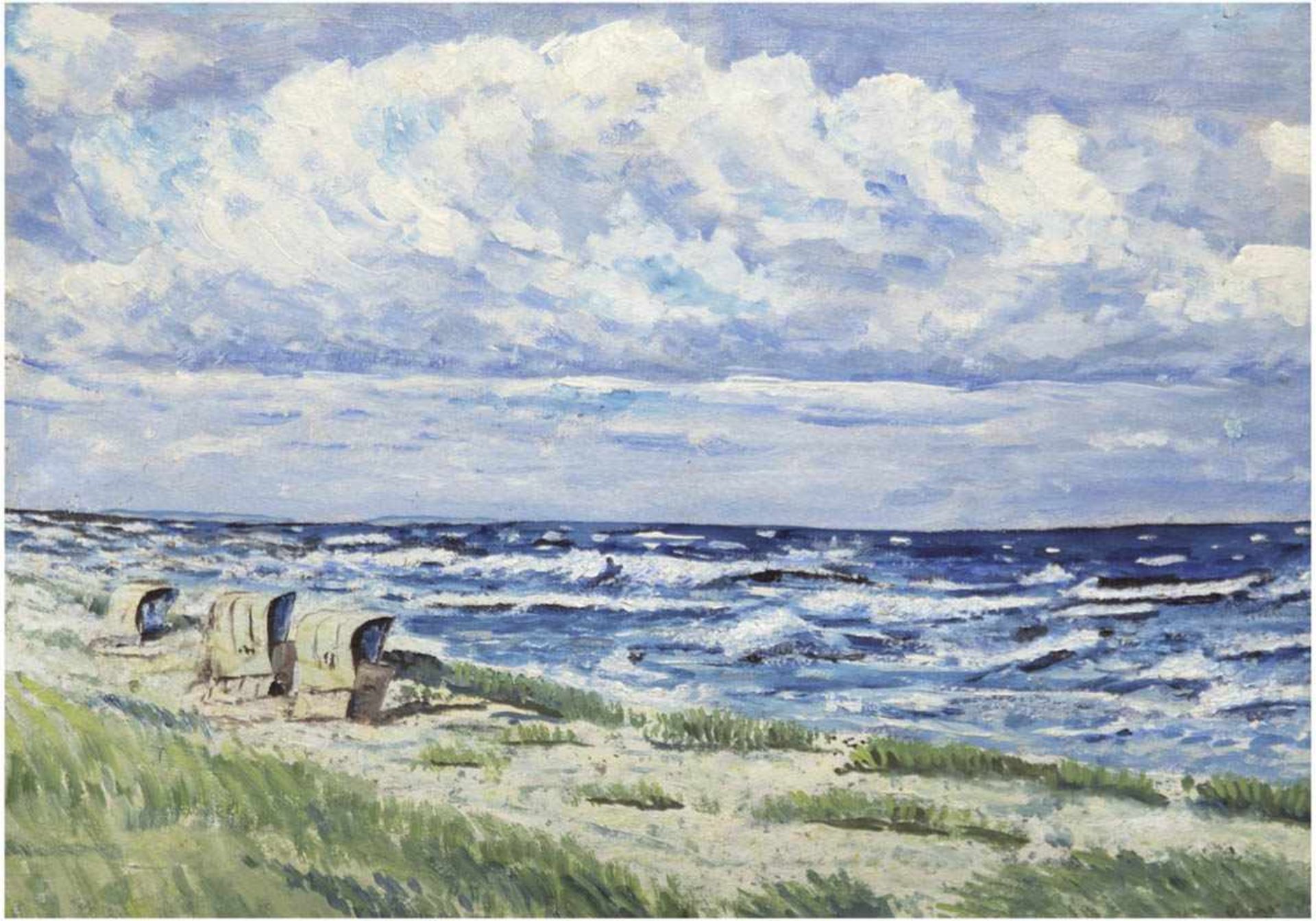 Landschaftsmaler um 1950 "Hiddenseer Strand mit Blick auf Rügen", Öl/Hf., undeutl. sign.u.r.,
