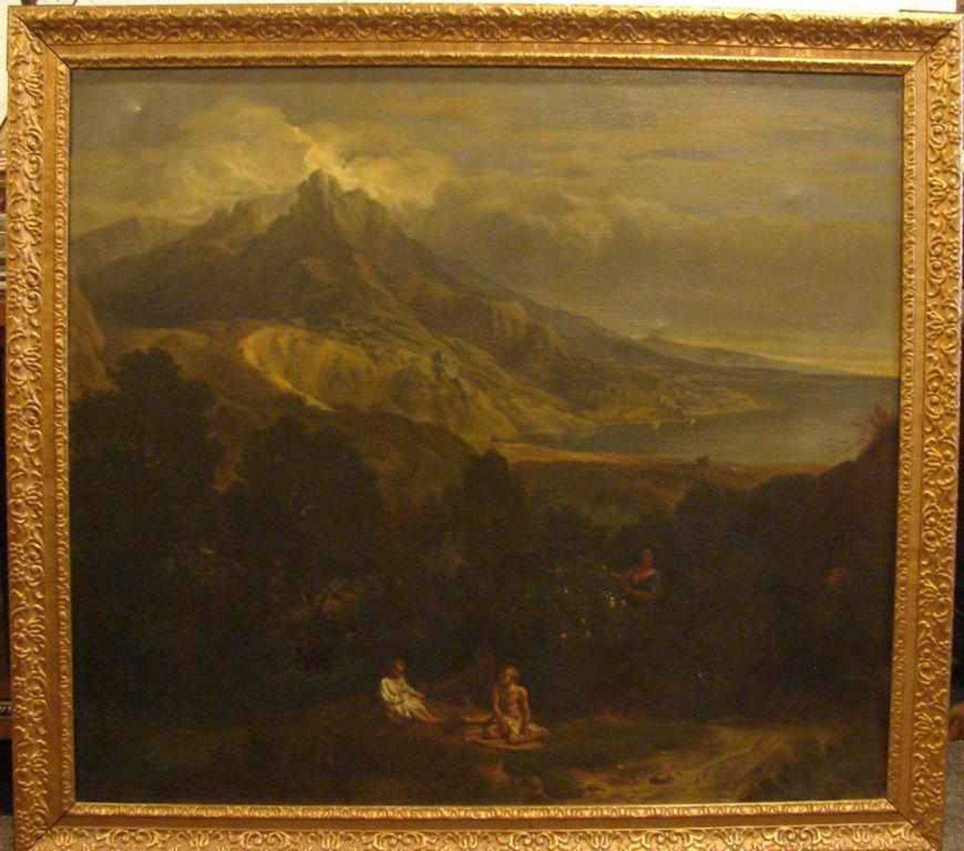 "Picknick im Wald mit Bergen im Hintergrund", Öl/L., ohne Sig., ca. 119 x 107 cm