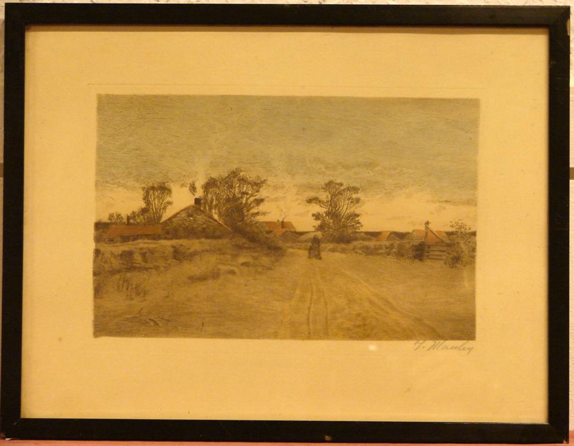 "Englische Dorfansicht", Stich, colloriert, u.re.sig. in Blei I. MANLEY, ca. 38 x 28 cm