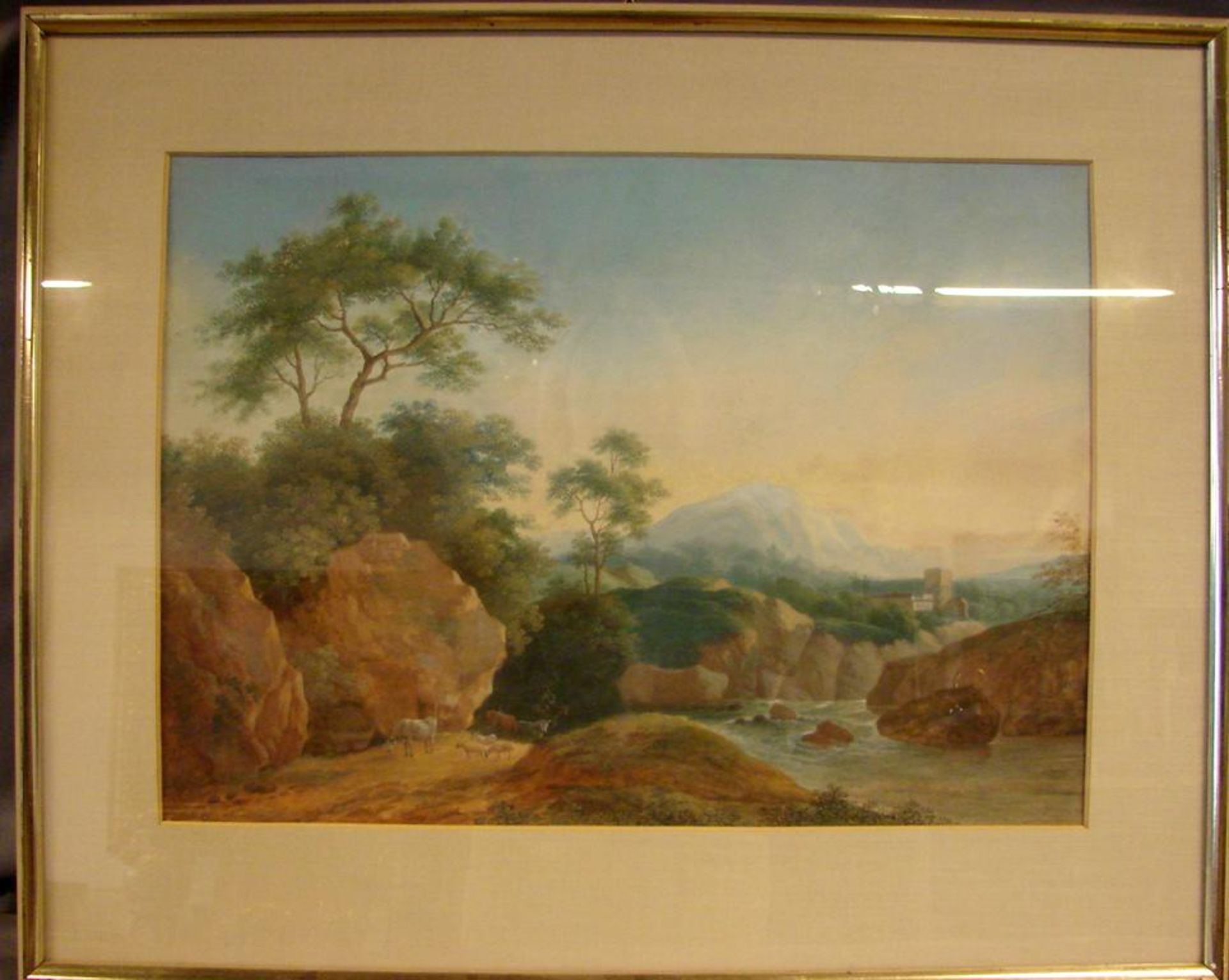"Flußlandschaft mit Tieren", Aquarell, Biedermeier, ohne Signatur, im Glasrahmen,ca. 49 x 36 cm