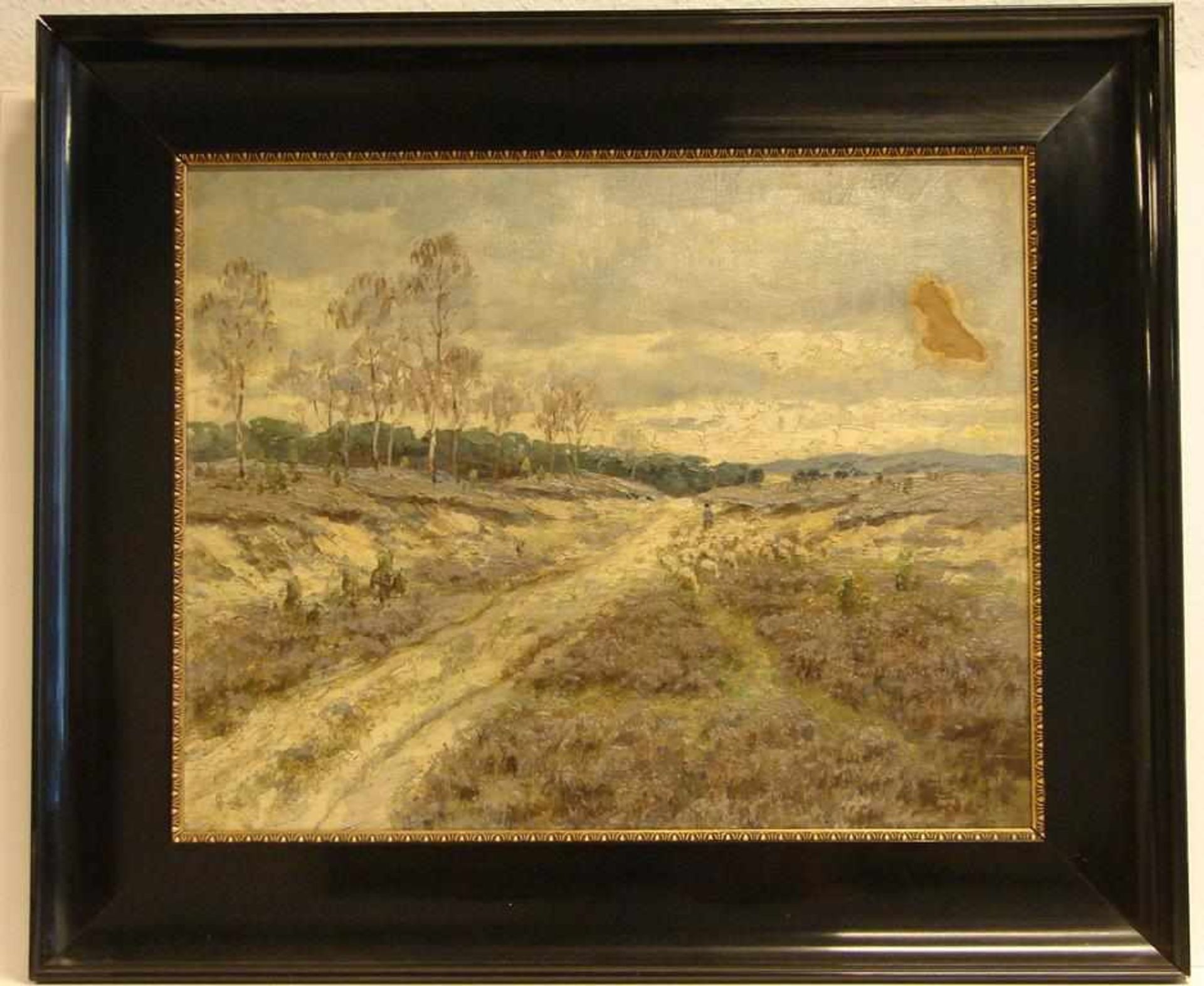 "Heidelandschaft", Öl/Hartfaser, u.re.unles.sig., ca. 60 x 49 cm,oben rechts beschädigt, bereits