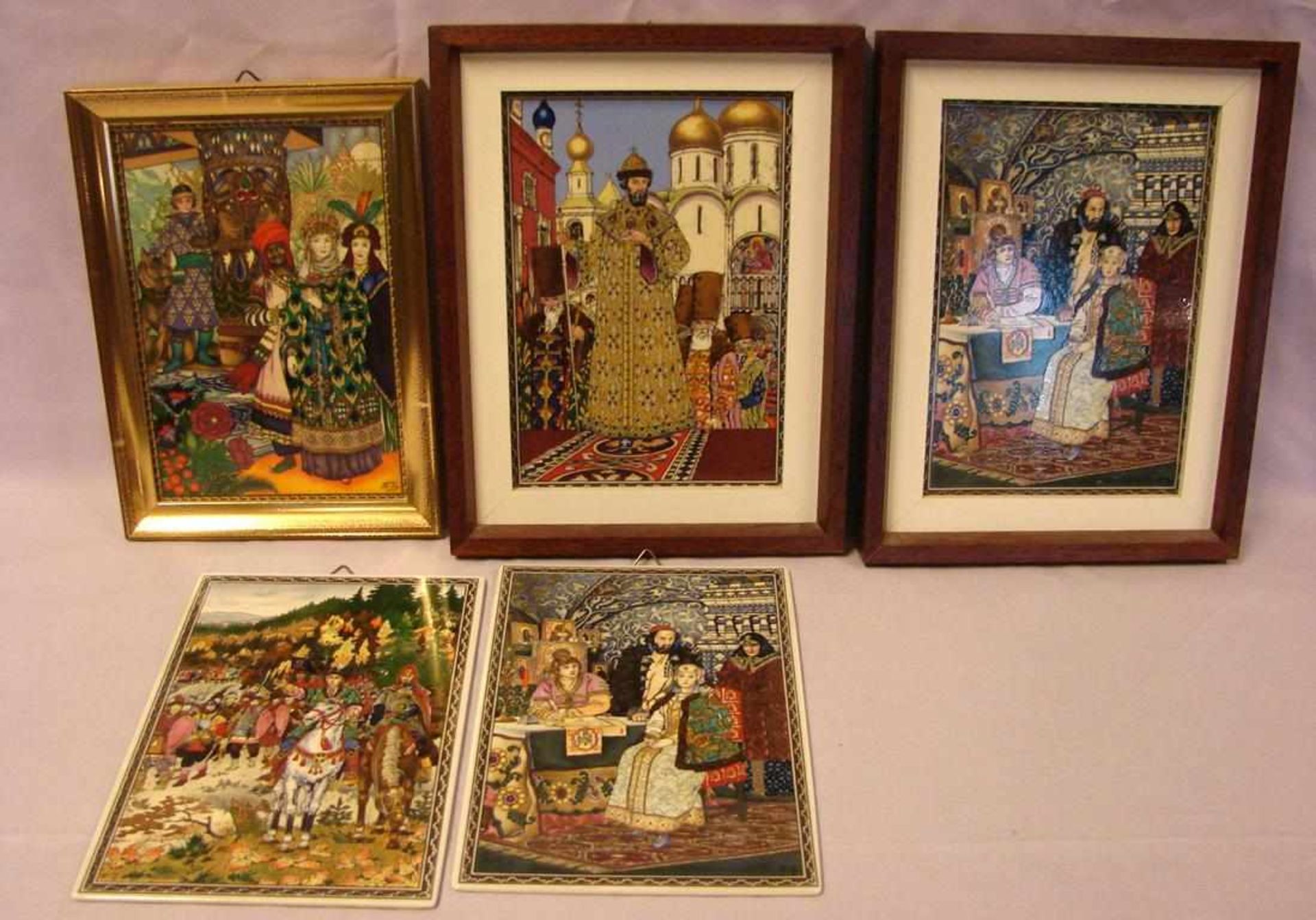 5 Kacheln, bemalt, russische Motive, teils gerahmt, neuzeitlich, ca. 19 x 13 cm