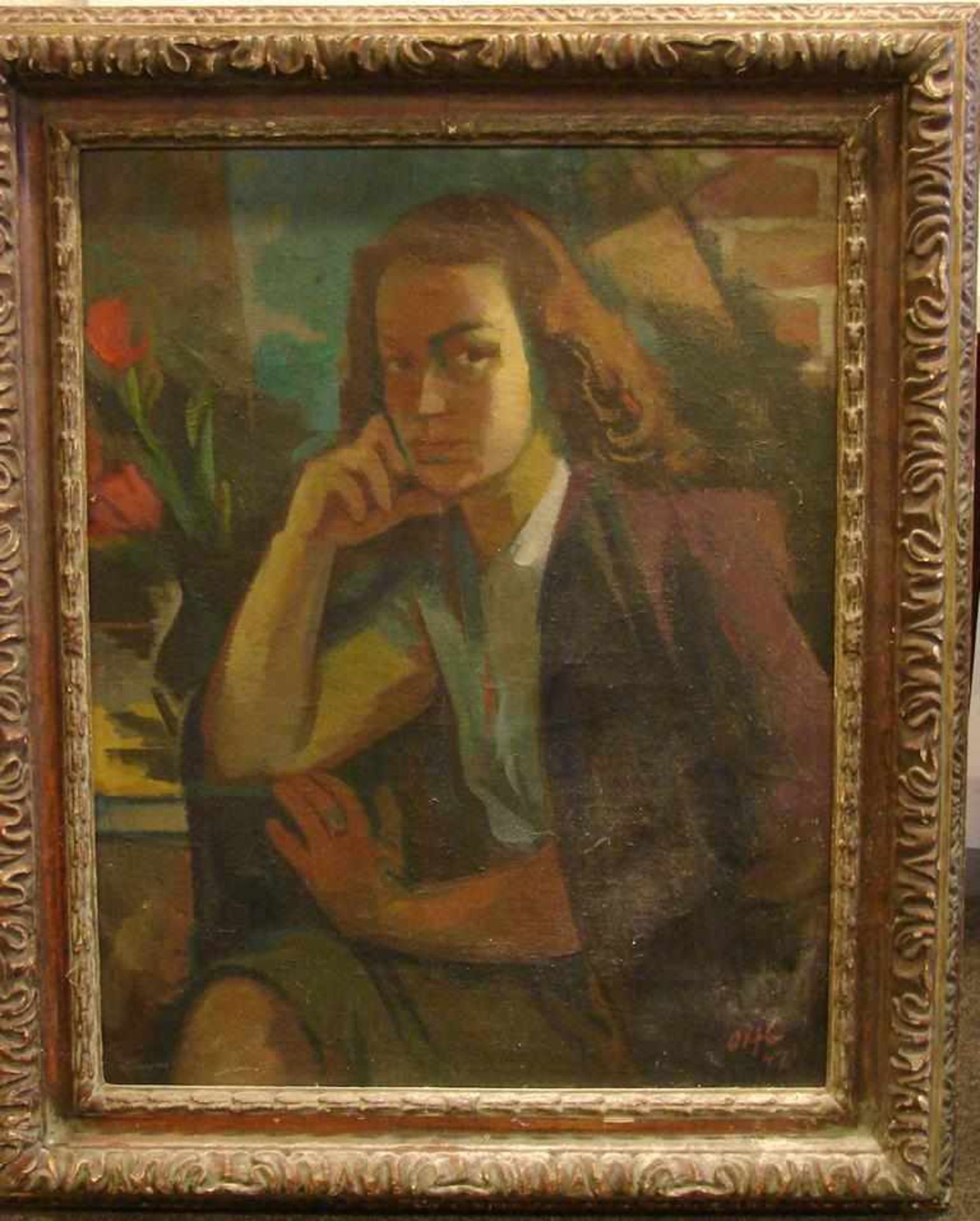"Frauenportrait", unbekannter Künstler, wohl rheinischer Expressionismus, ÖL/L, u.re.sig. OHG ` ...