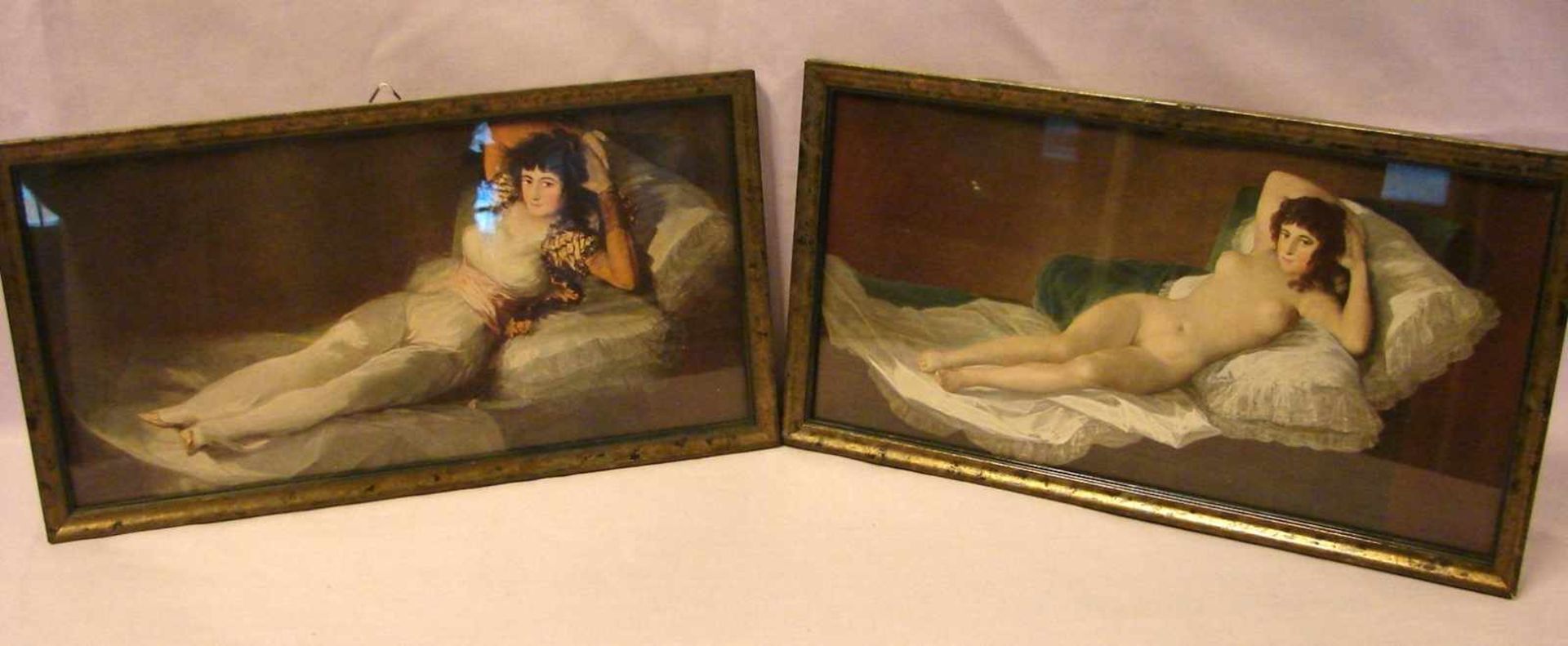 Paar Rahmen, mit Kunstdrucken "Liegender Akt", ca. 29 x 15 cm