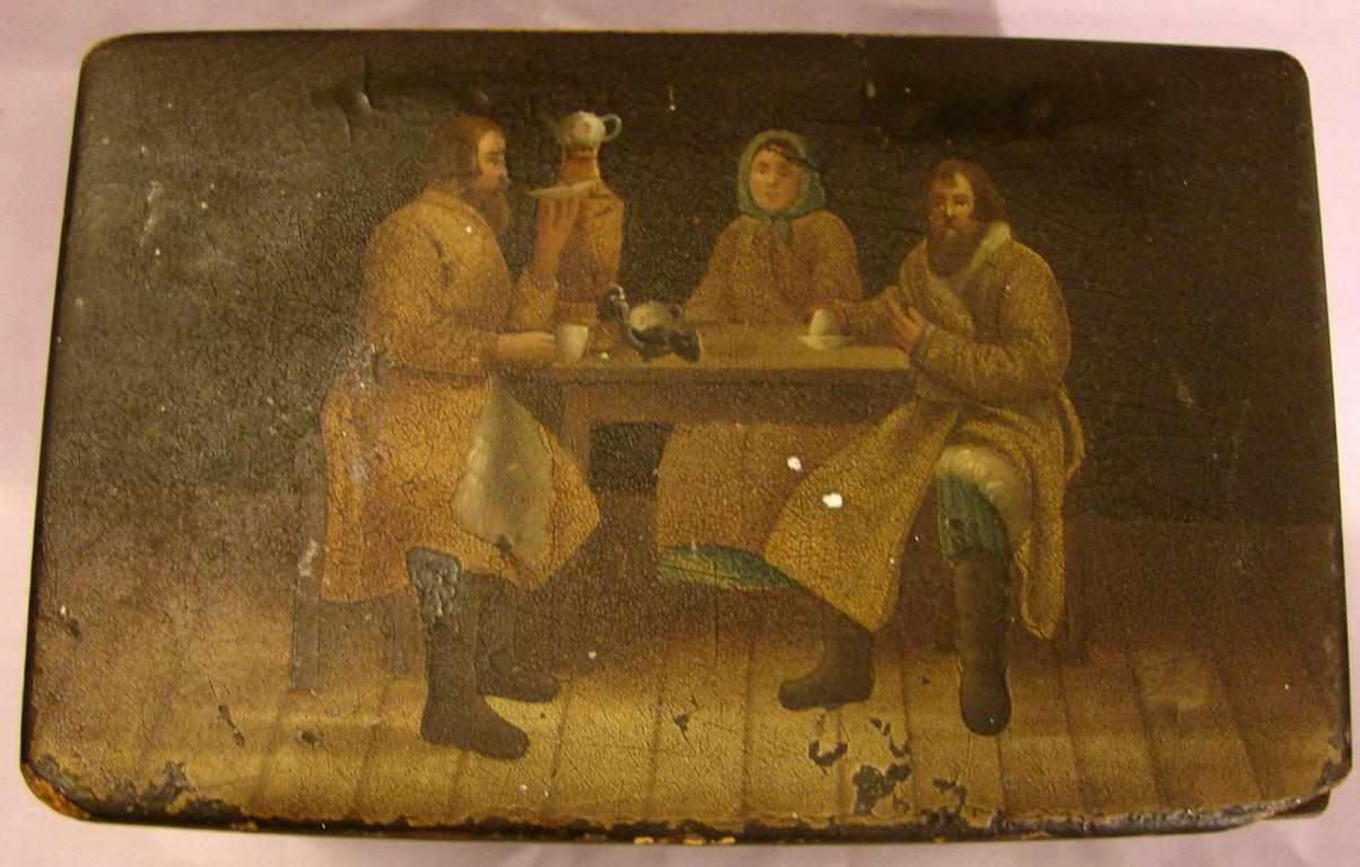 Kleine Holzdose, mit bedruckter Szene im Deckel (kleine Beschädigung), ca. 11 x 16 x 10 cm - Bild 2 aus 2
