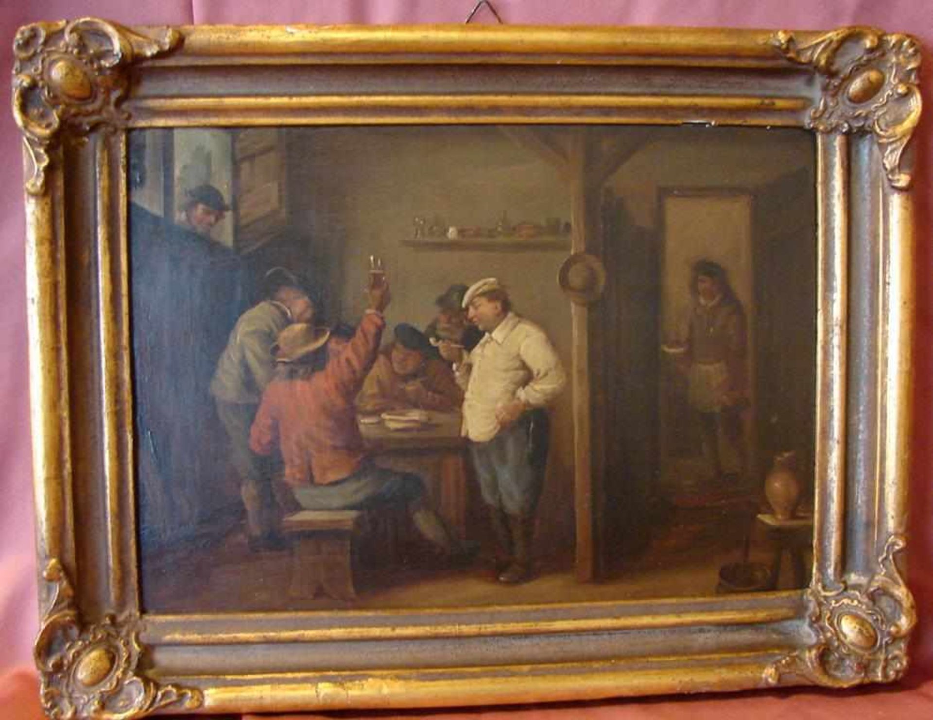 "Herrengesellschaft", nach DAVID TENIERS, Öl/Holz, ohne Signatur, ca. 40 x 28 cm