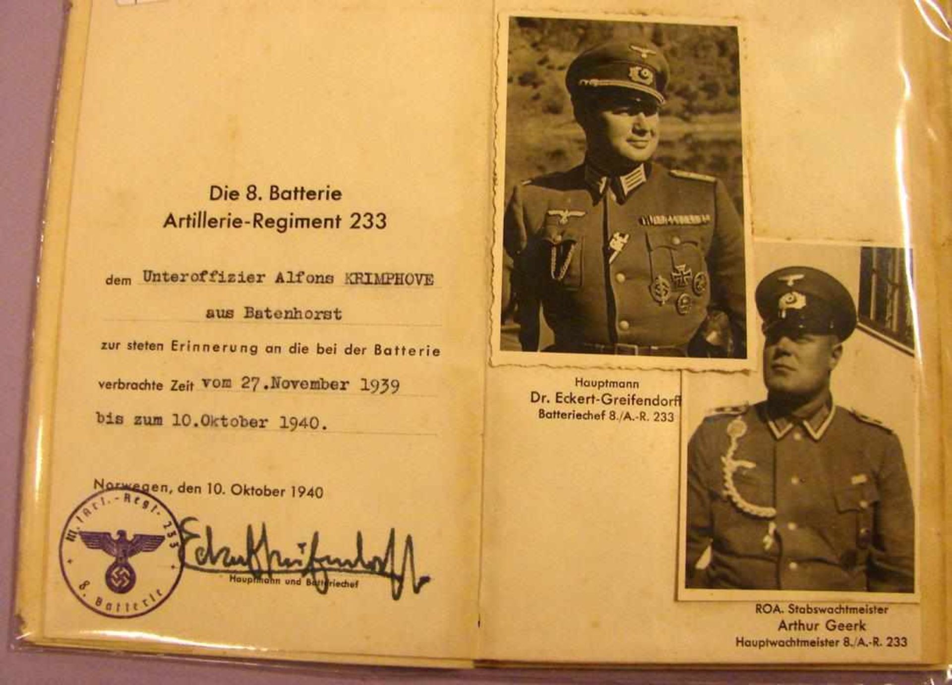 Erinnerungsbroschüre Artelerie Regiment 233, von 1940