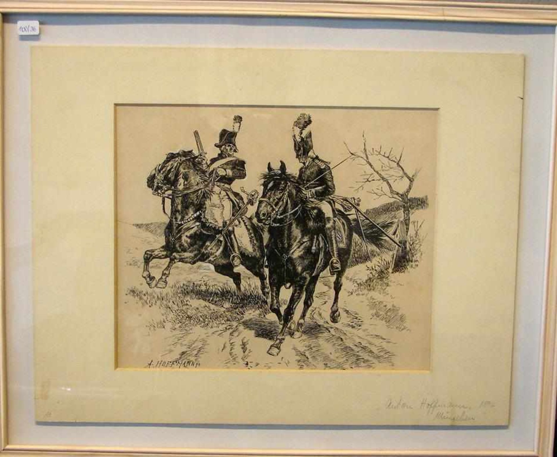 Stich, ANTON HOFFMANN(1884, München), "2 Soldaten zu Pferd",ca. 44 x 34 cm