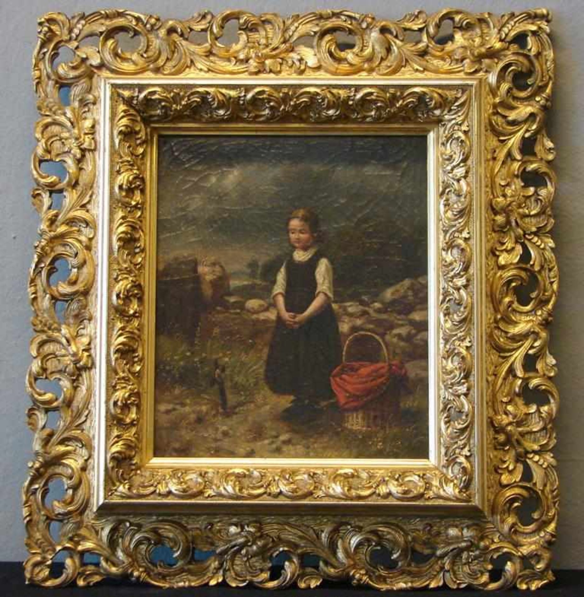 "Mädchen am Grab", Öl/L, ohne Signatur, im aufwendigen Rahmen, Florentiner Leiste,ca. 31 x 26 cm