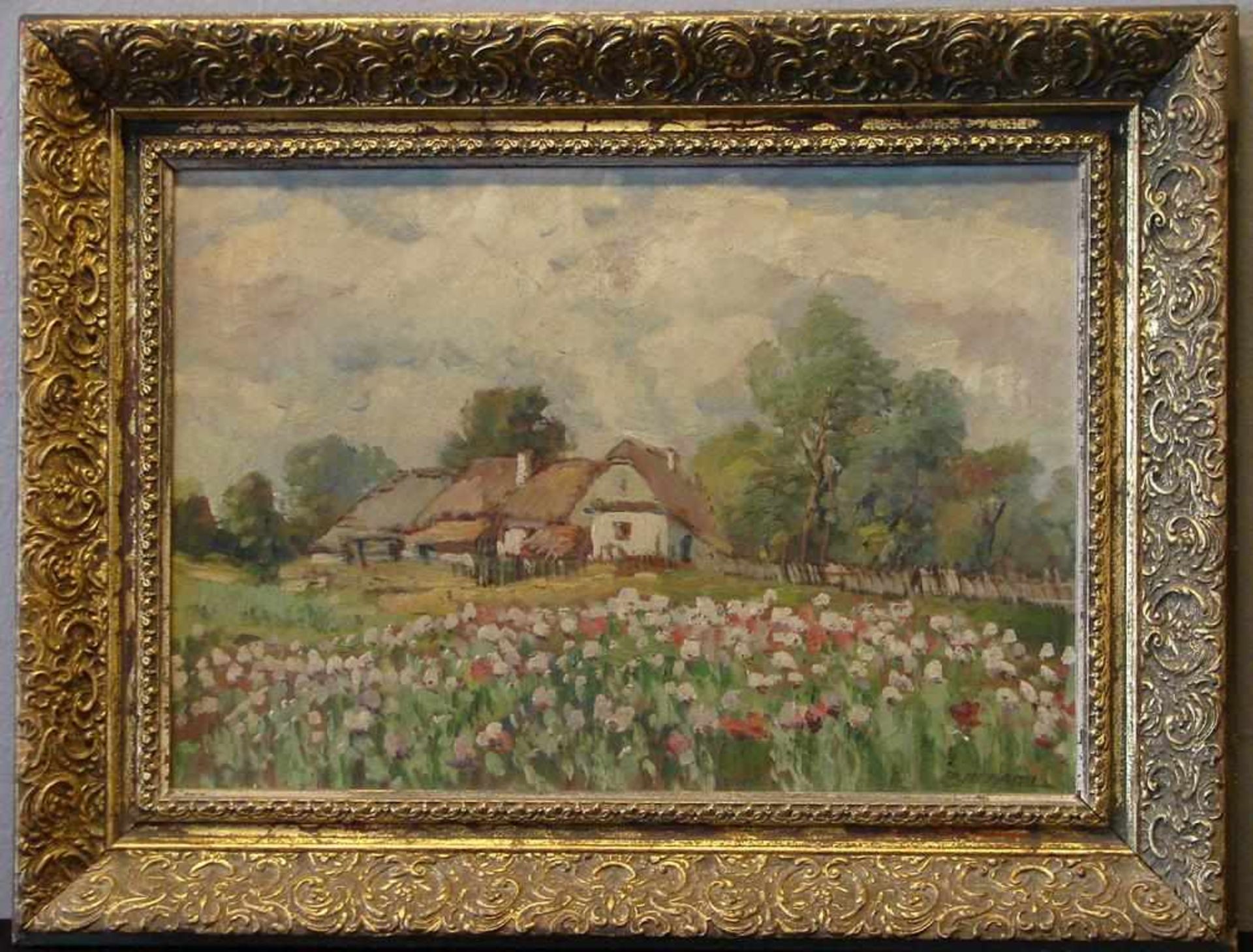 ZDENEK (1879-1942), "Gehöft mit Blumenwiese", Öl/Karton, u.re.sig., ca. 34 x 50 cm