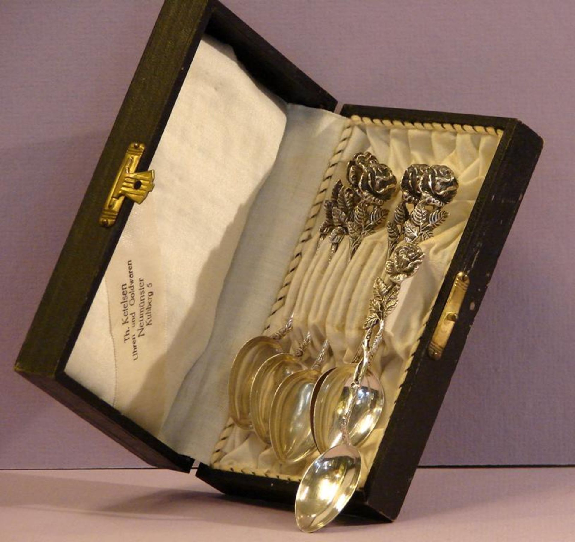 Kiste mit 6 kleinen Löffeln, Hildesheimer Rose, 800er Silber, ca. 60 gr.