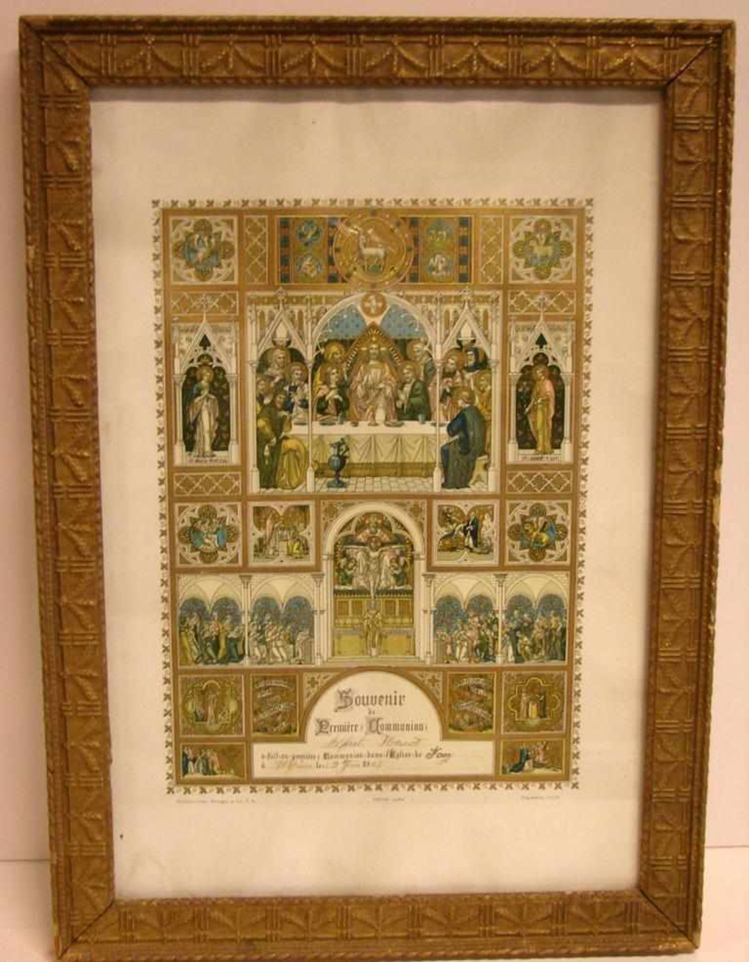 Christliches Motiv (Kommunion, Frankreich), Druck, dat. 20.6.1909, ca. 46 x 33 cm