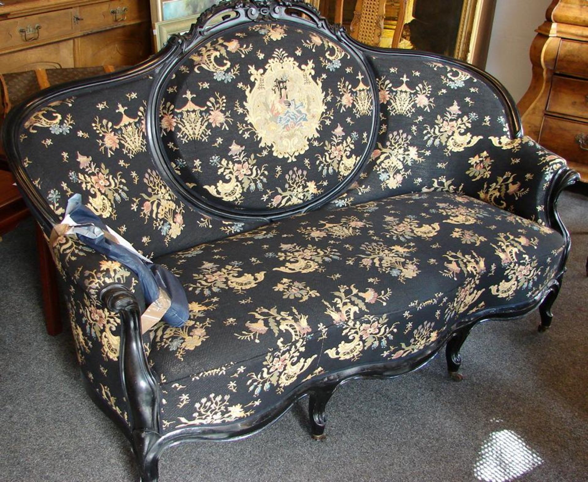 Sofa, Napoléon III, um 1860, Holz ebonisiert, neu gepolstert/ bezogen, Breite ca. 200 cm- - -22.00 %