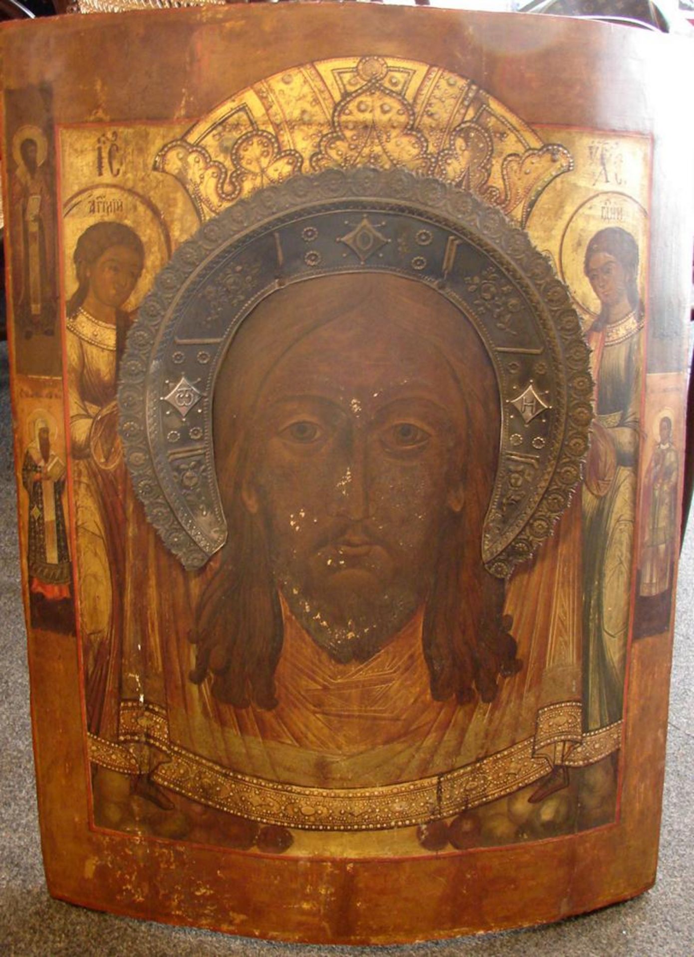 Ikone, Russland, Holz, mit Oklat, 19. Jhd., alte Restauration, stark gebogen,ca. 71 x 52 cm- - -22.