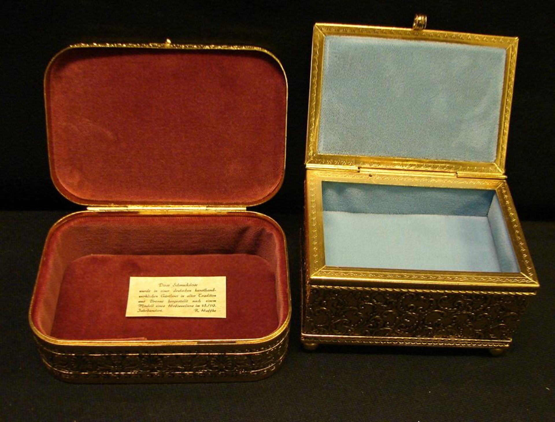 2 Schmuckdosen, Fa. Haffke, eine davon mit Spieluhr, H.ca. 4,5,; 8, B.12;10, T.8;7 cm(Herstellung - Bild 4 aus 4