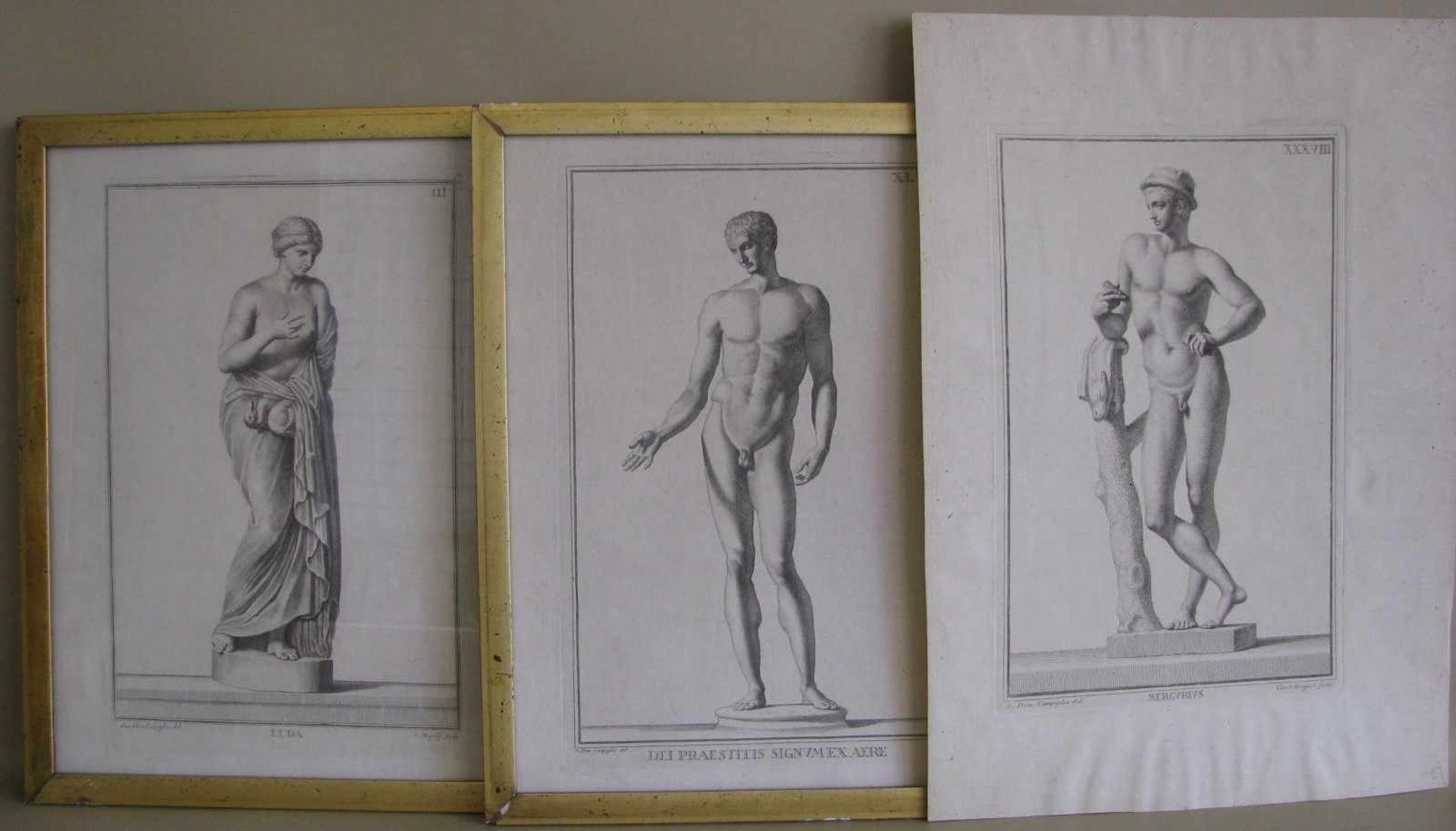 Gregori, Carol, Megalli und Campiglia, 3 antike Stiche, 'Männliche Akte', 35 x 22 cm, 2 x R./1x o.