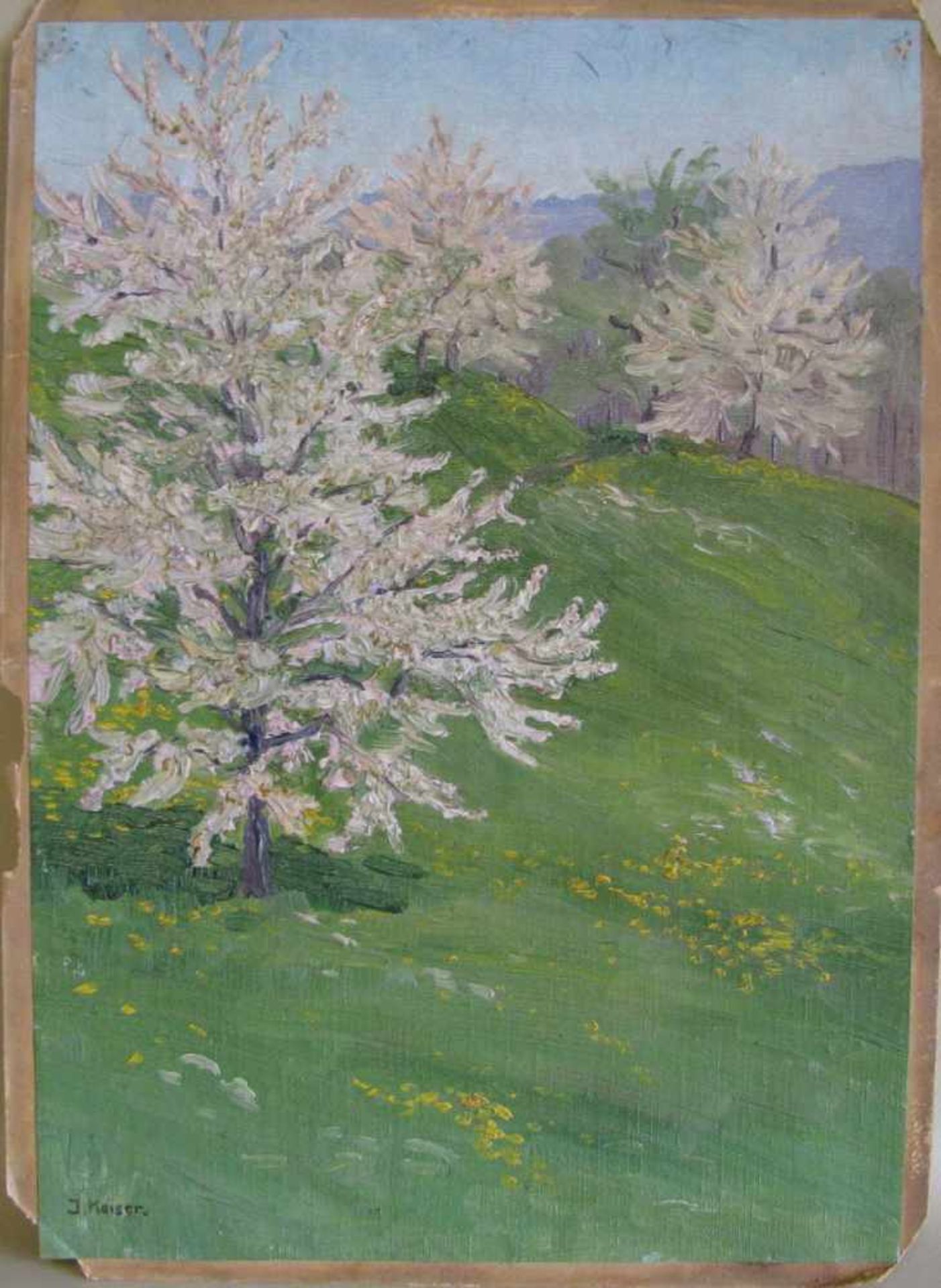 Keiser, J., wohl Schweizer Maler, 'Blühende Bäume am Utliberg', li.u.sign., Öl/Leinwand, 43 x 30 cm,