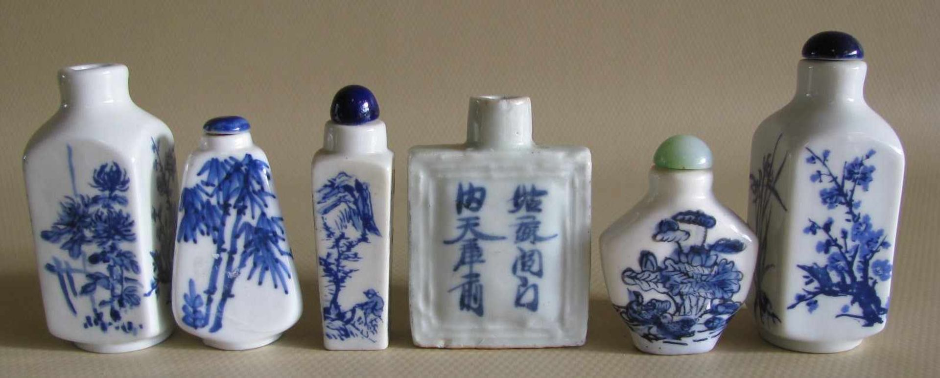 6 Snuffbottles, Porzellan mit blauer Bemalung, ca. h 7 cm.