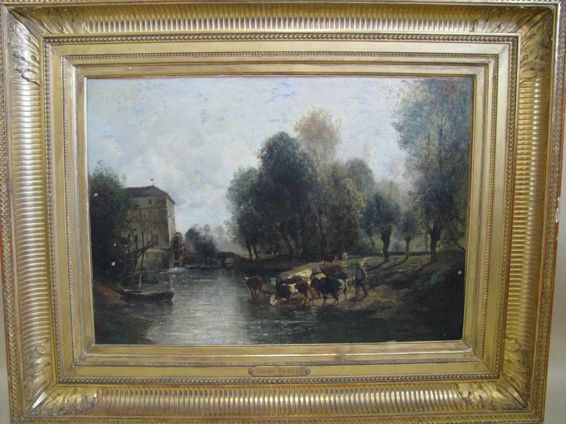 Servin, Amédée, 1829 - 1884, Paris - ebd., französischer Maler,"Bauer mit Viehherde am Fluss", re.