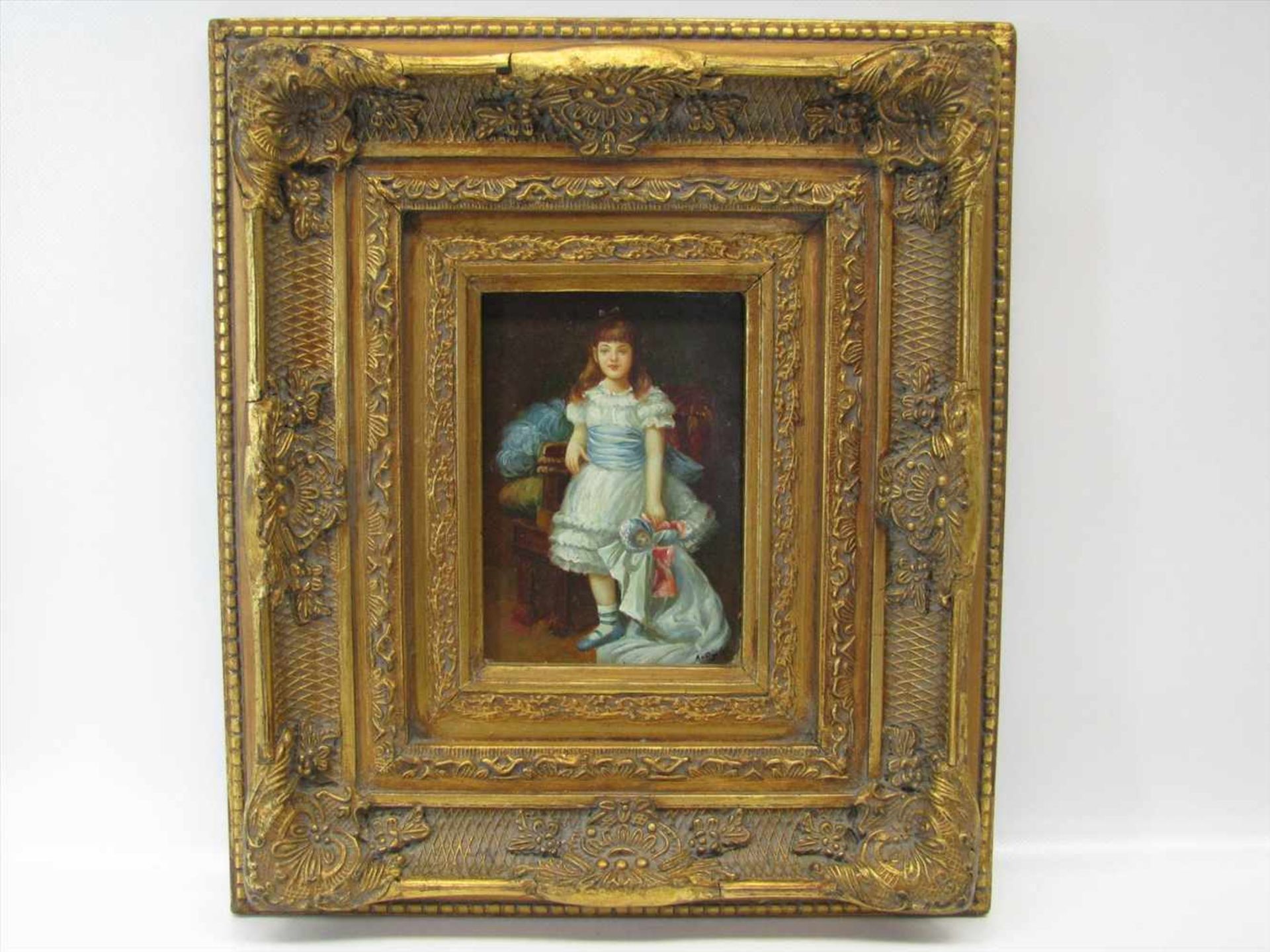 Dijk, A. van, "Porträt eines Mädchen mit Puppe", re.u.sign., Öl/Holz, 17 x 12 cm, vergoldeter