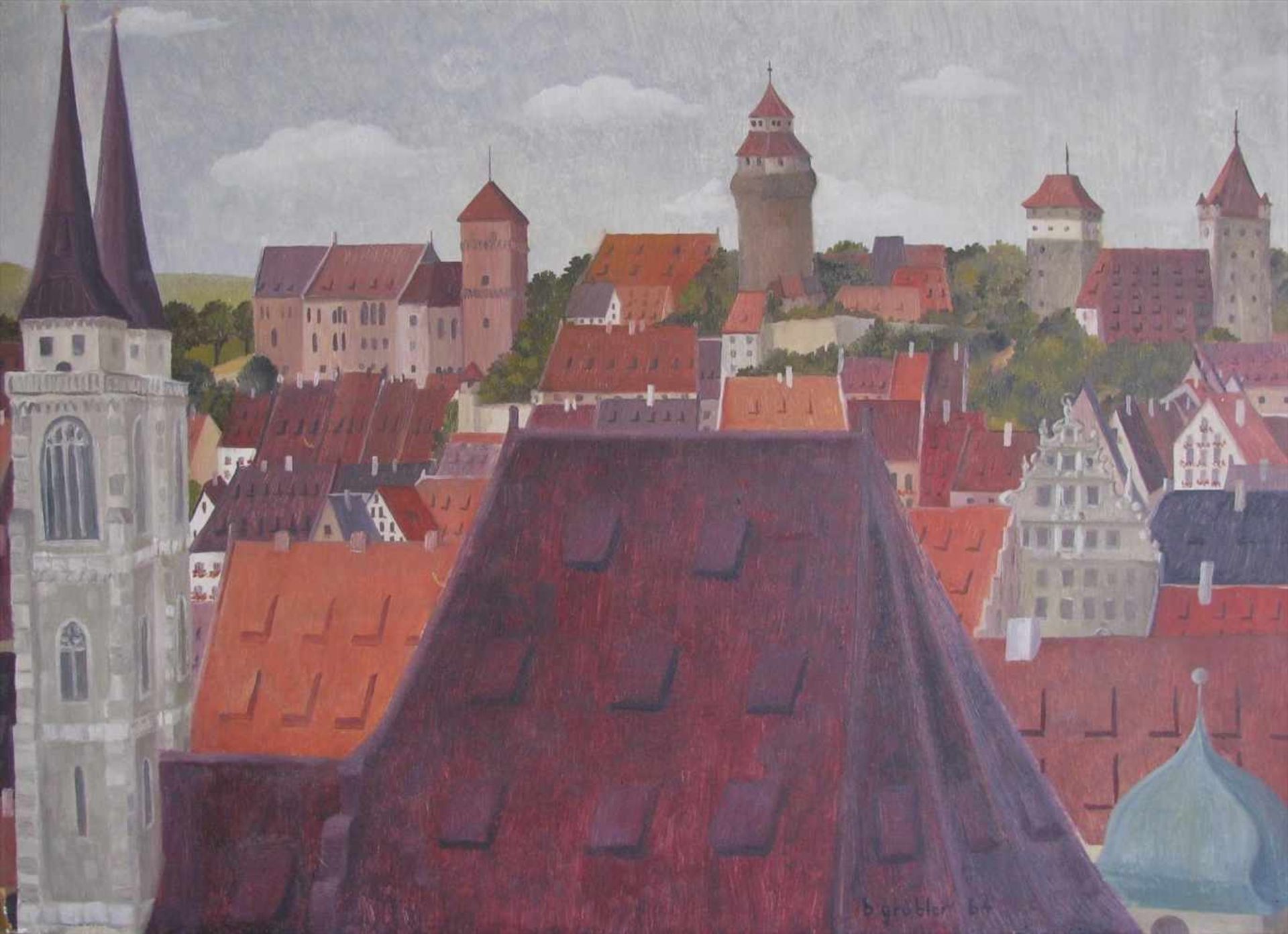 Grübler, Brigitte, "Ansicht von Nürnberg", re.u.sign.u.dat. 64, Öl/Malkarton, 43 x 59 cm, o.R.