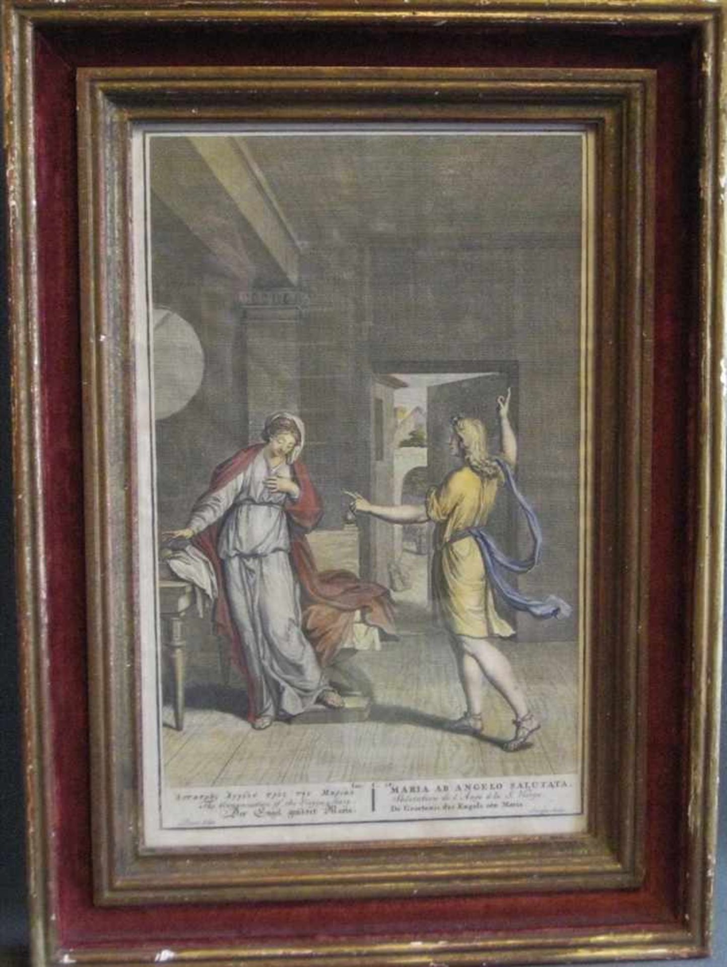 Kupferstich, 18. Jahrhundert, nach Picards "Der Engel grüßt Maria", altcol., 35 x 22 cm, R.