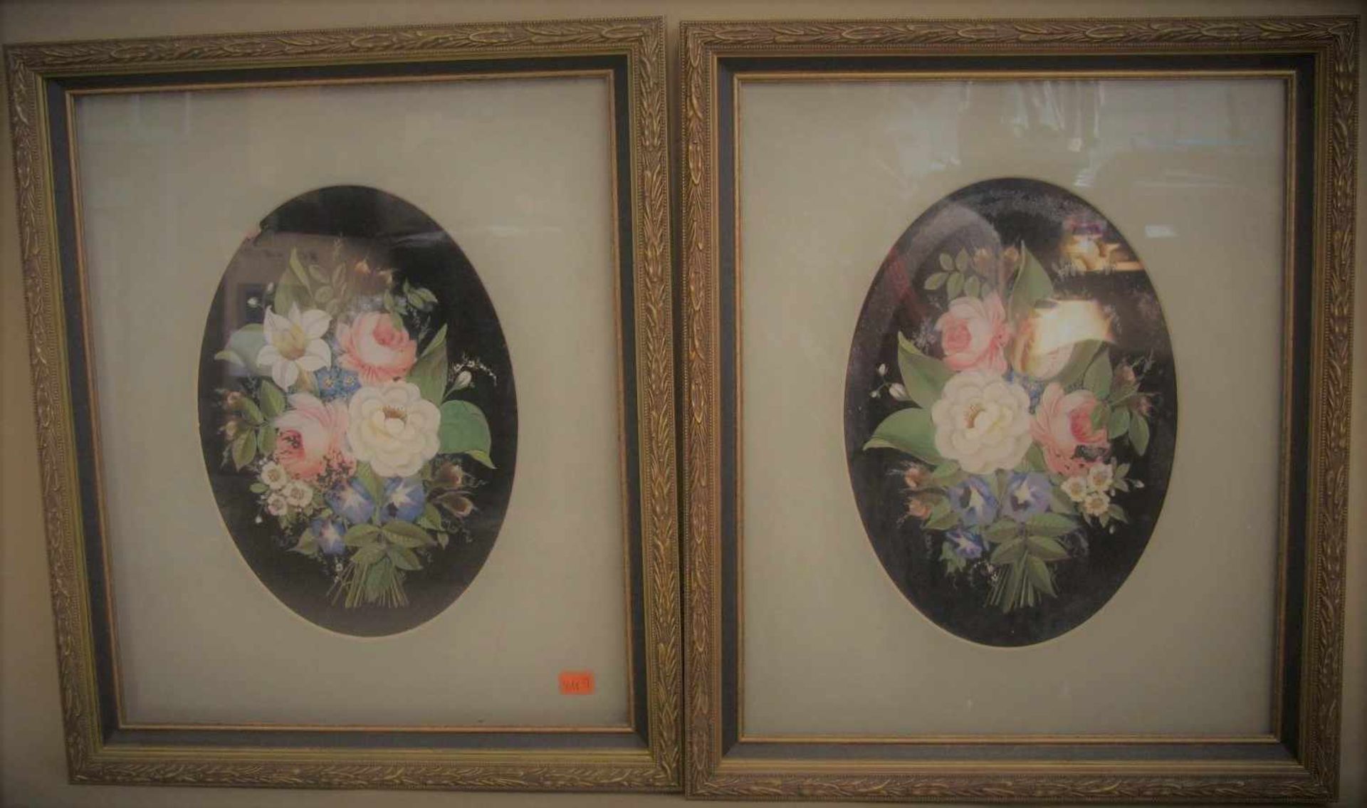 2 Hinterglasmalereien, 19. Jahrhundert, "Blumenstillleben", besch., 24,5 x 17,5 cm, R.