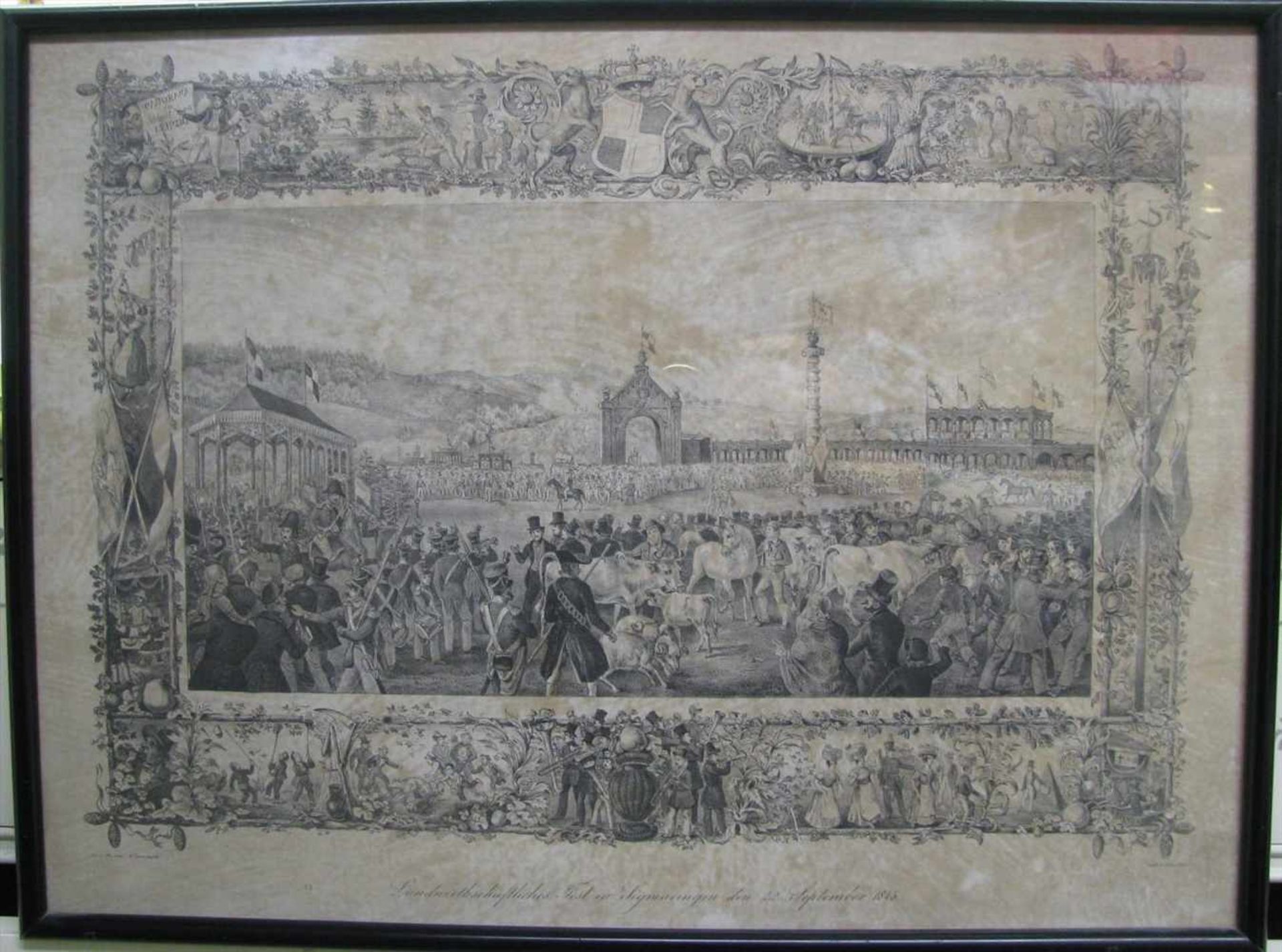 Lithografie von Bannwarth, "Landwirtschaftliches Fest in Sigmaringen 1845", stockfl., 37,5 x 51