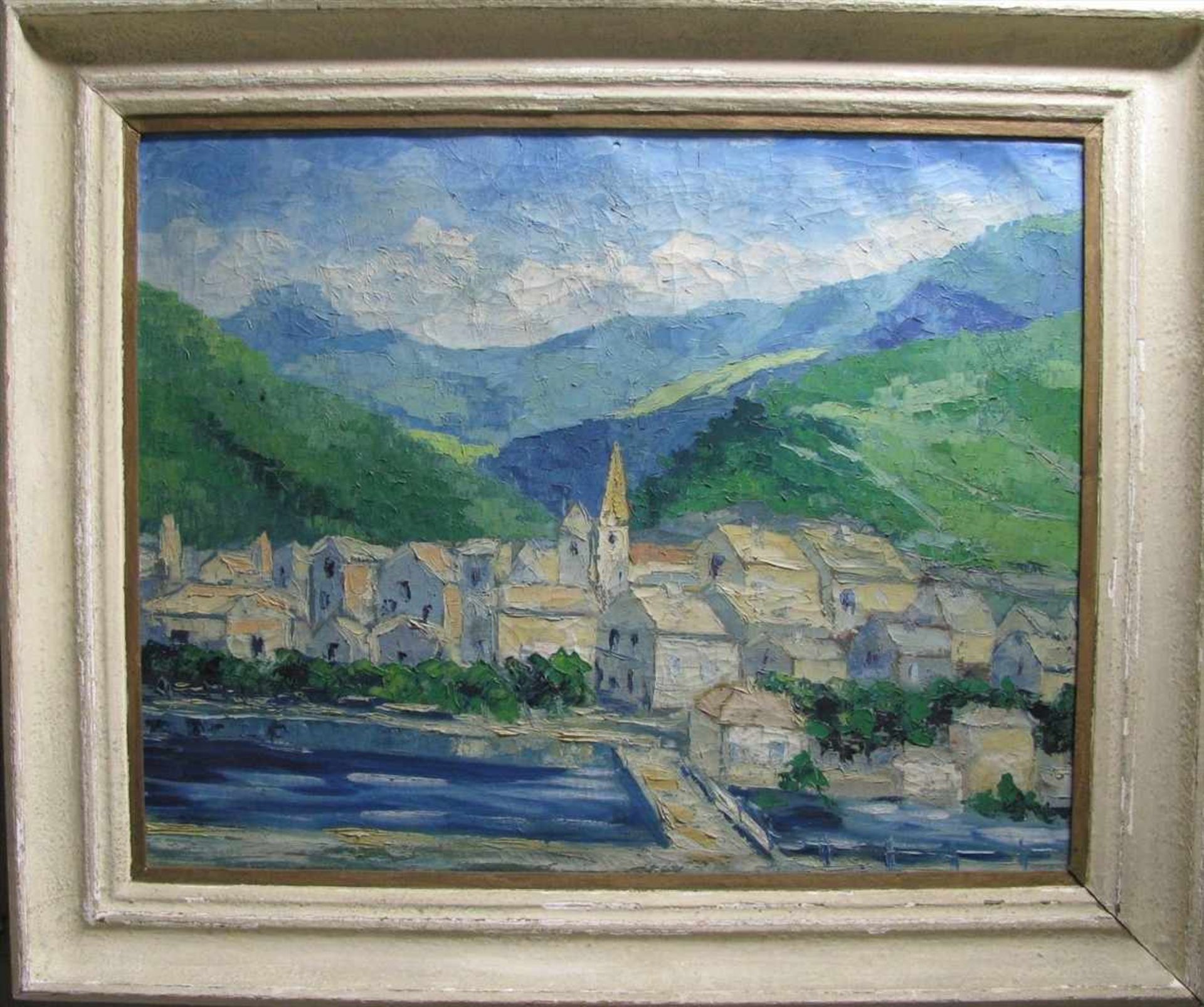 Unbekannter Impressionist, "Südliche Dorfansicht am Wasser", Öl/Leinwand, 61 x 77 cm, R.
